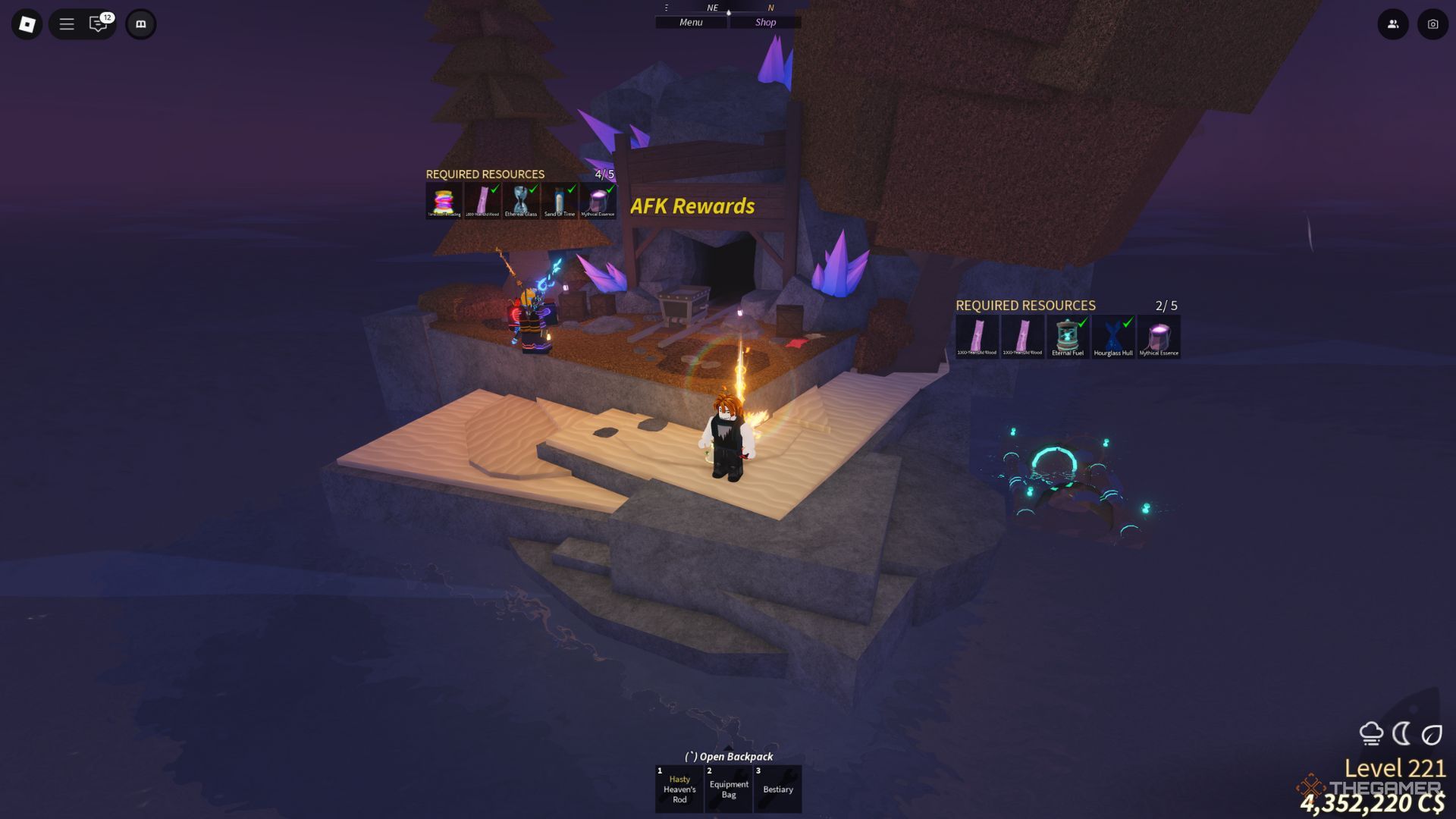 The player character shows the AFK Mine near the Moosewood area in Fisch.