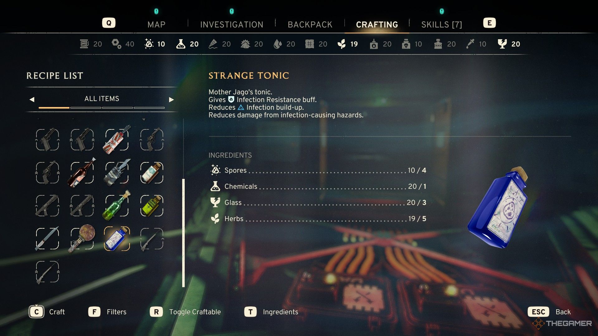 the crafting menu in atomfall with the strange tonic highlighted.