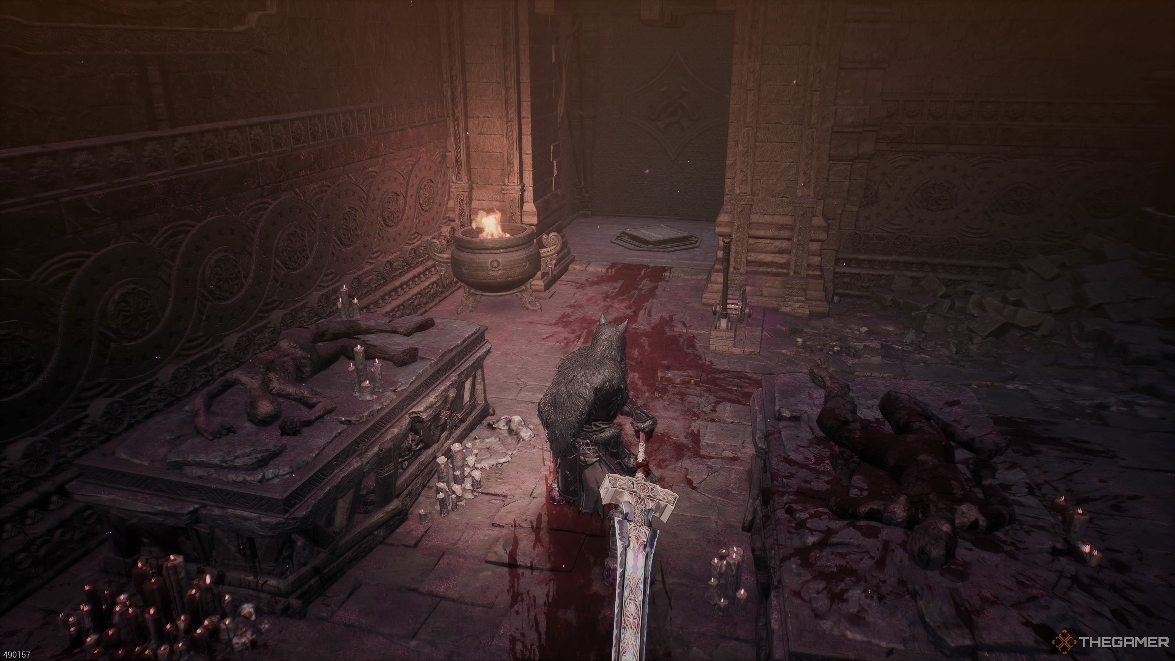 The blood smear leading to the elevator in the Devoured Village section of The First Berserker Khazan.