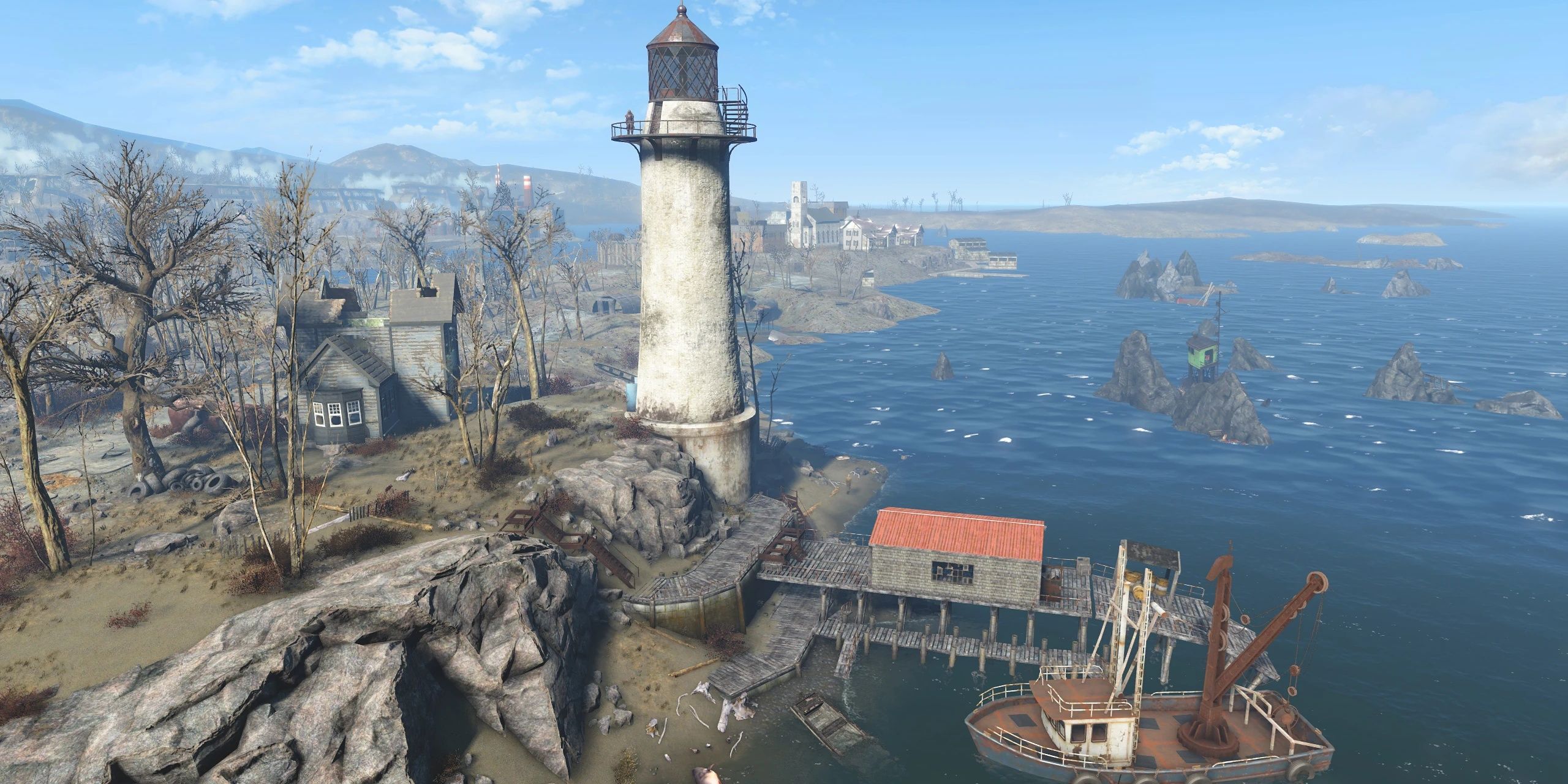 Lighthouse standing by the shore in Fallout 4.