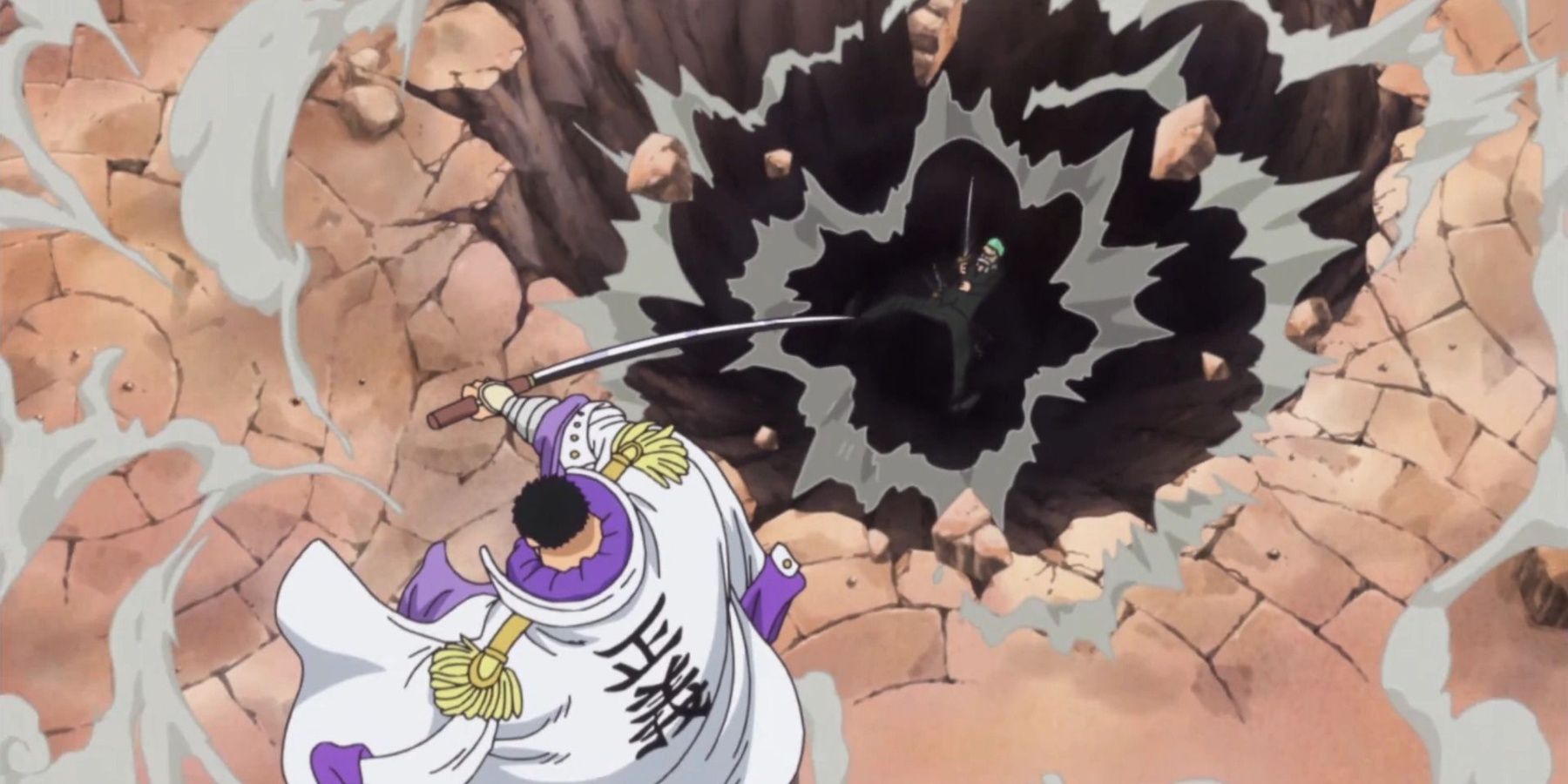 Fujitora uses his Devil Fruit on Zoro during One Piece's Dressrosa Arc.