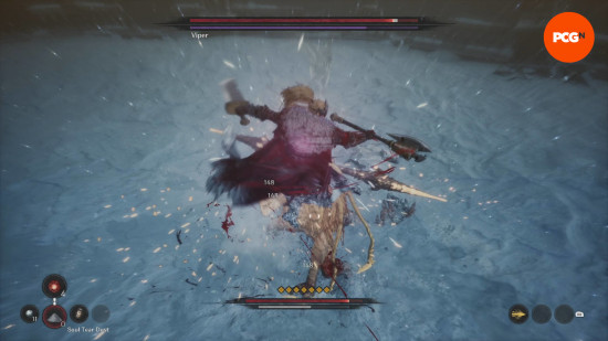 Khazan is using a whirlwind attack, which is one of the most useful skills that the dual blades have, making it the best The First Berserker weapon