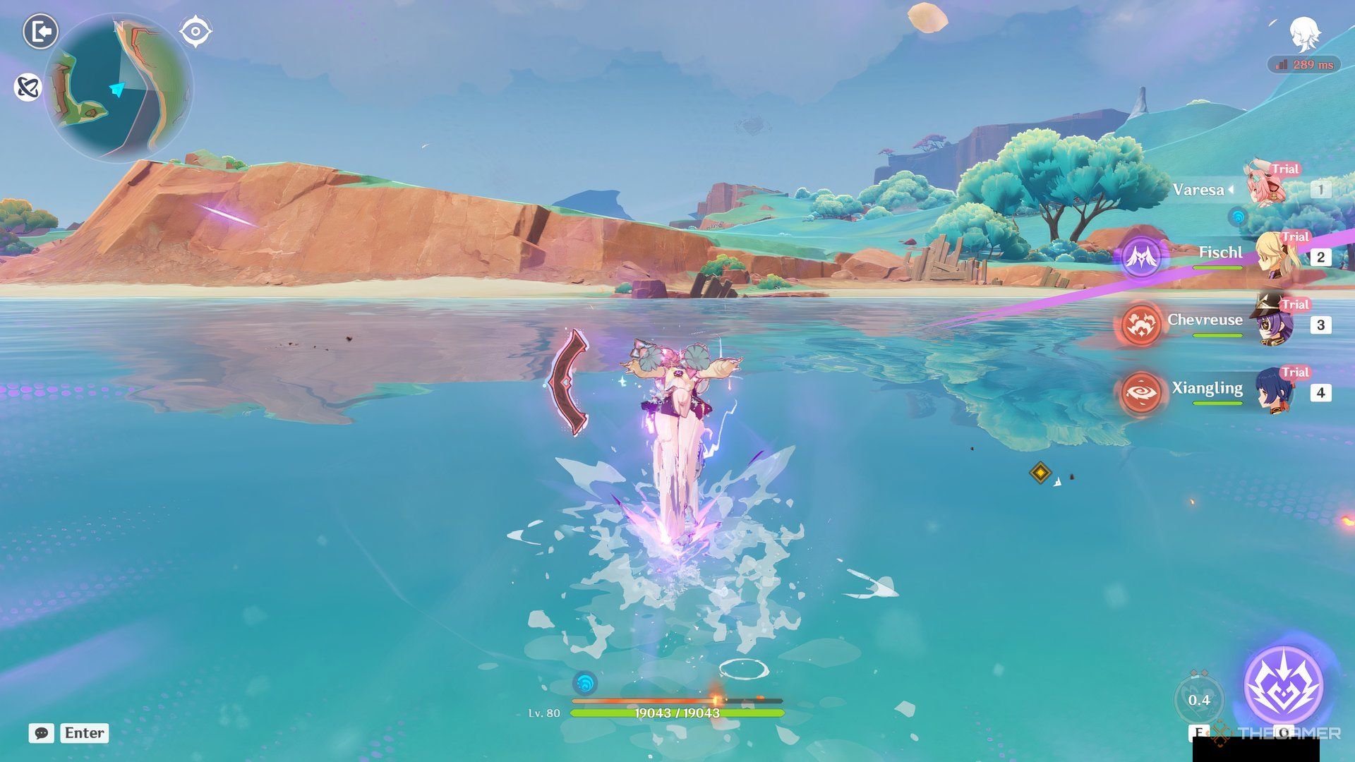Varesa running over water using her Elemental Skill in Genshin Impact.