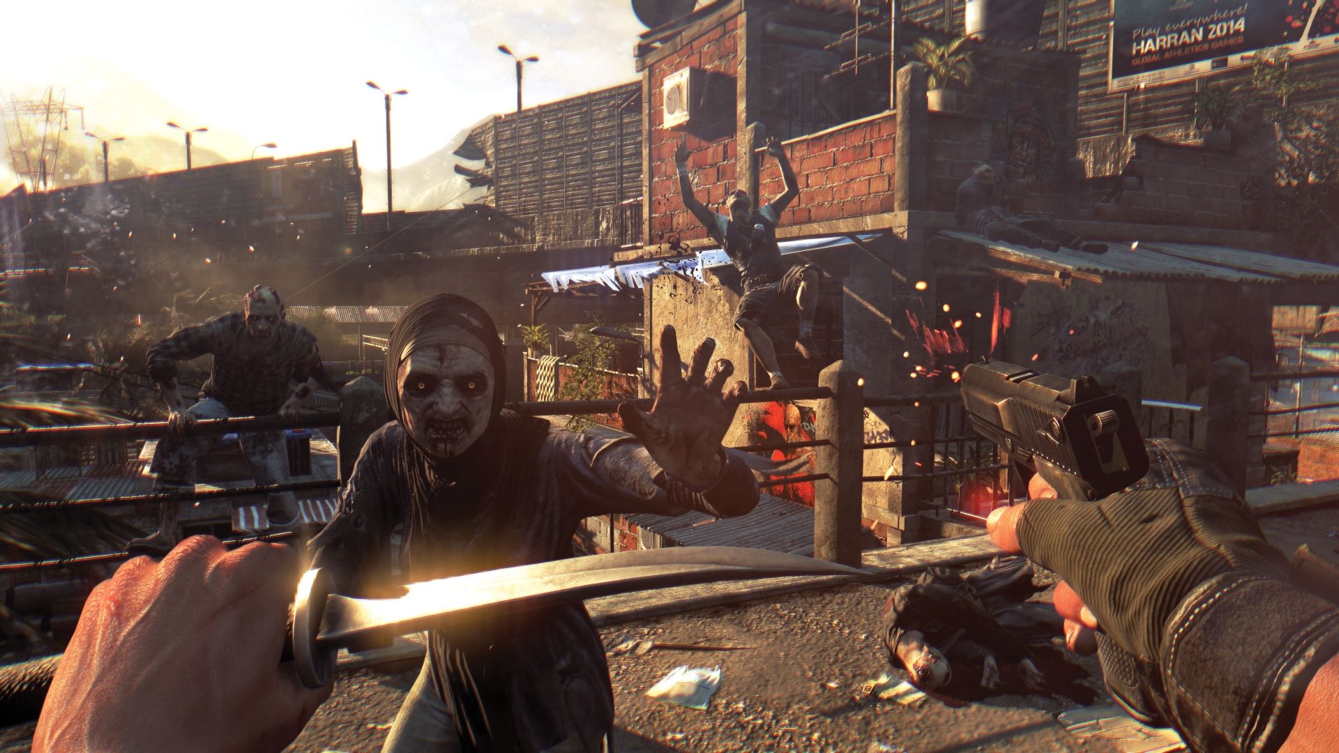 Dying Light gameplay screenshot of shooting at zombies.