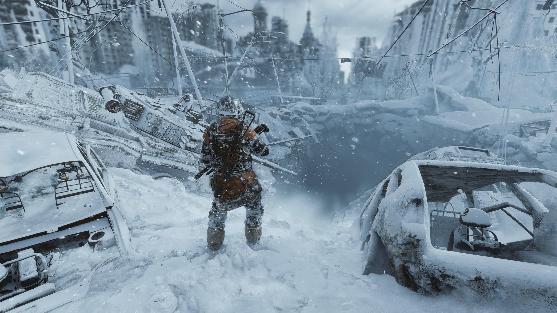 Metro Exodus in-game screenshot of traversing an icy wasteland.