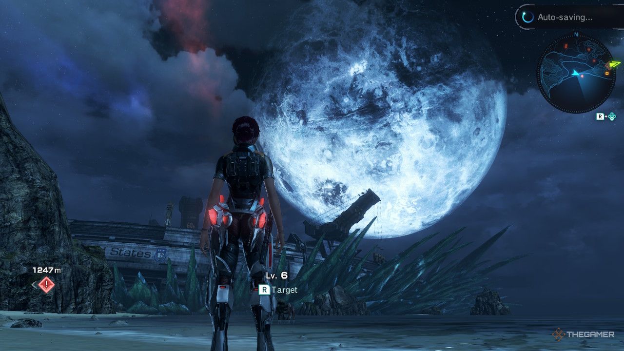 The player character looking at the moon at night on a beach outside NLA in xenoblade chronicles x definitive edition.