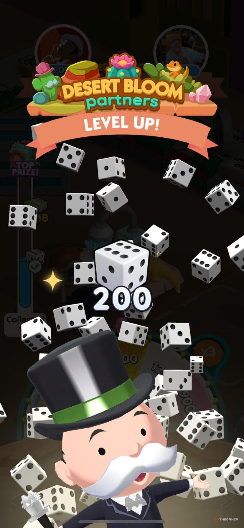 Earning 200 free dice rolls from Desert Bloom Partners milestone rewards in Monopoly Go.