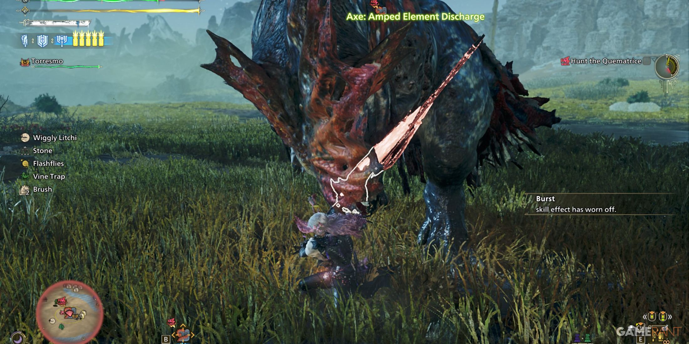 A hunter lands a powerful Amped Element Discharge with the Charge Blade against Quematrice in Monster Hunter Wilds