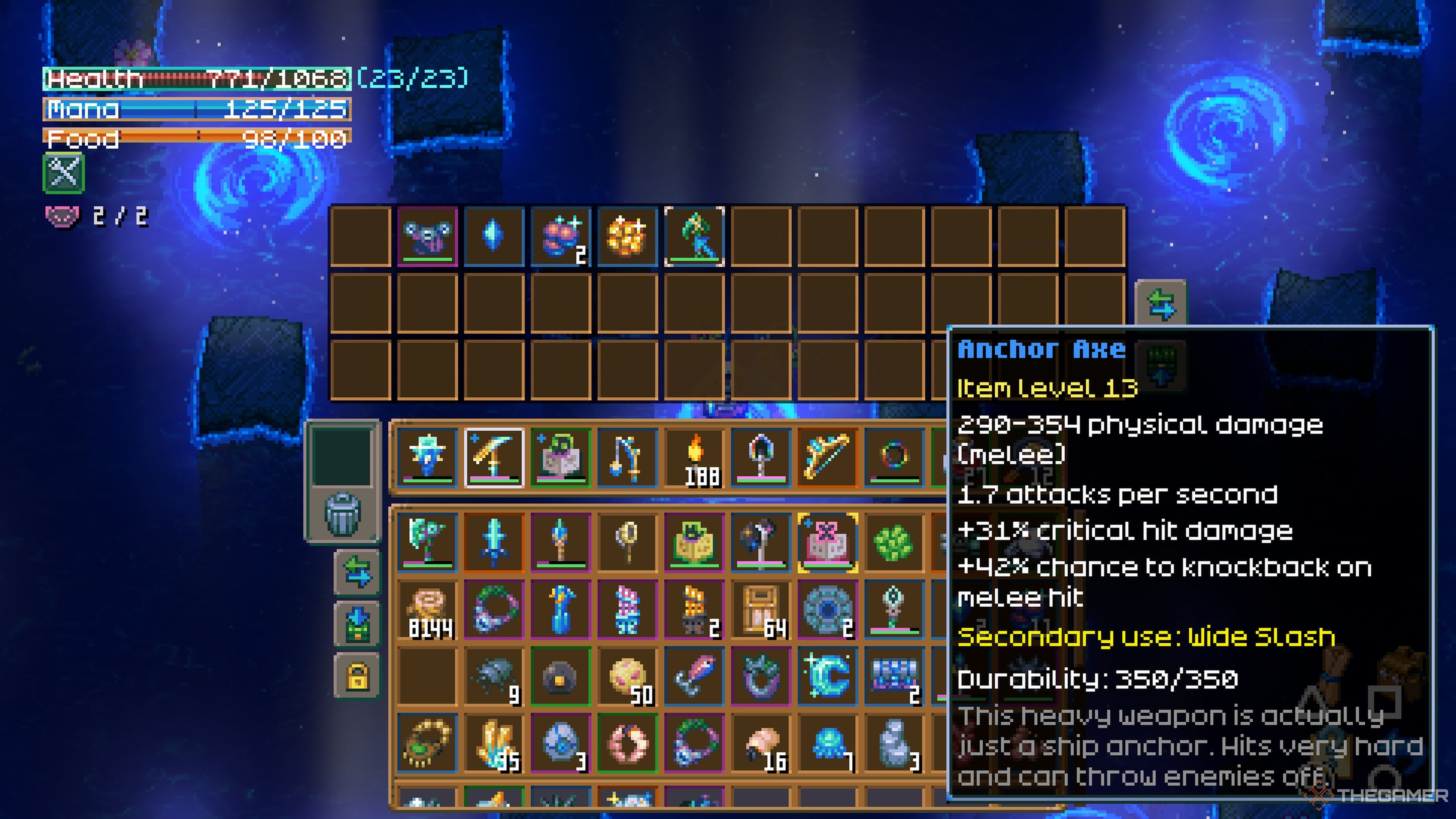Player character looking at the stats of an Anchor Axe from Omoroth in Core Keeper.