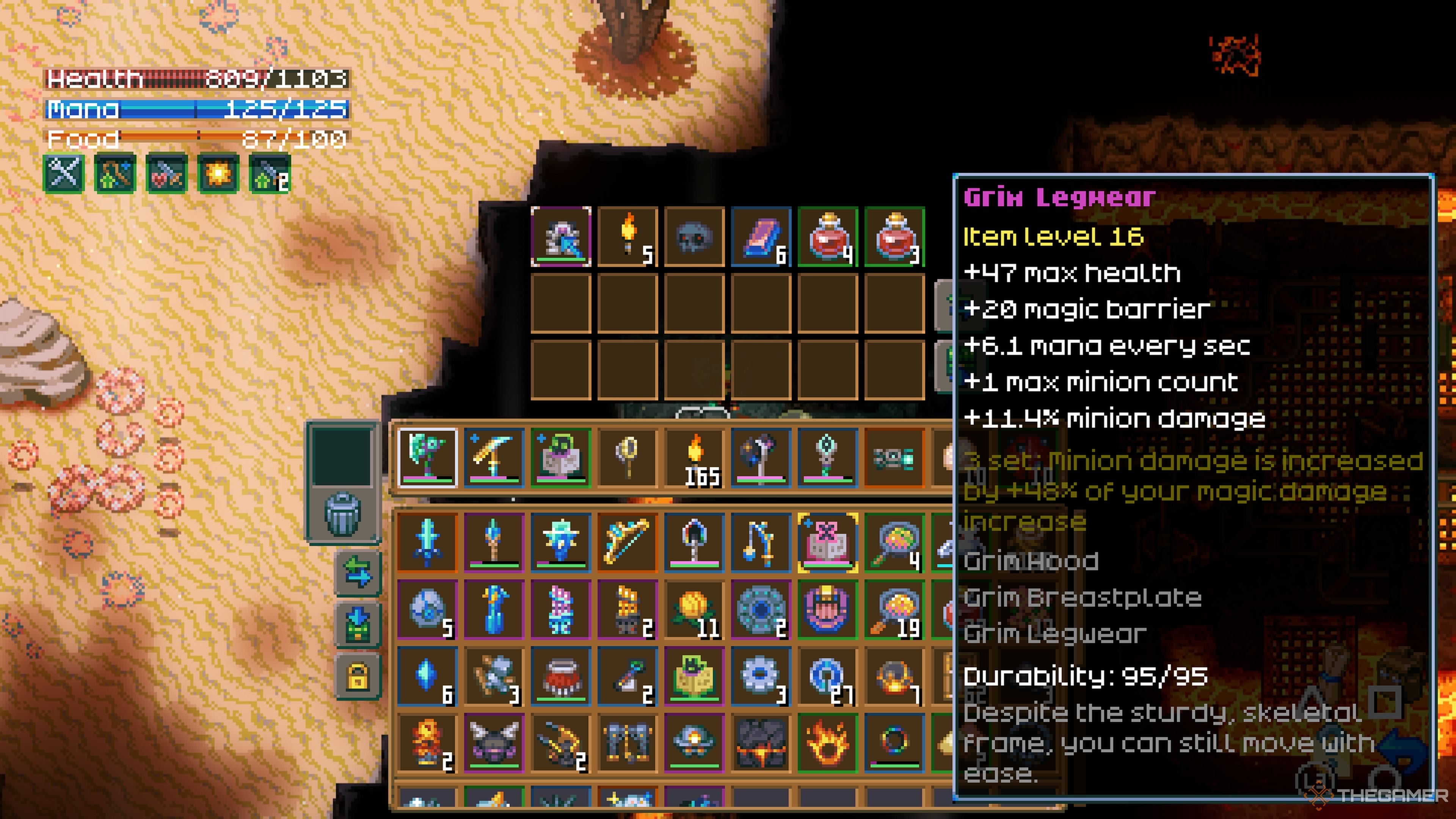 Player character finding a set of Grim Legwear in a Smoldering Chest in Core Keeper.