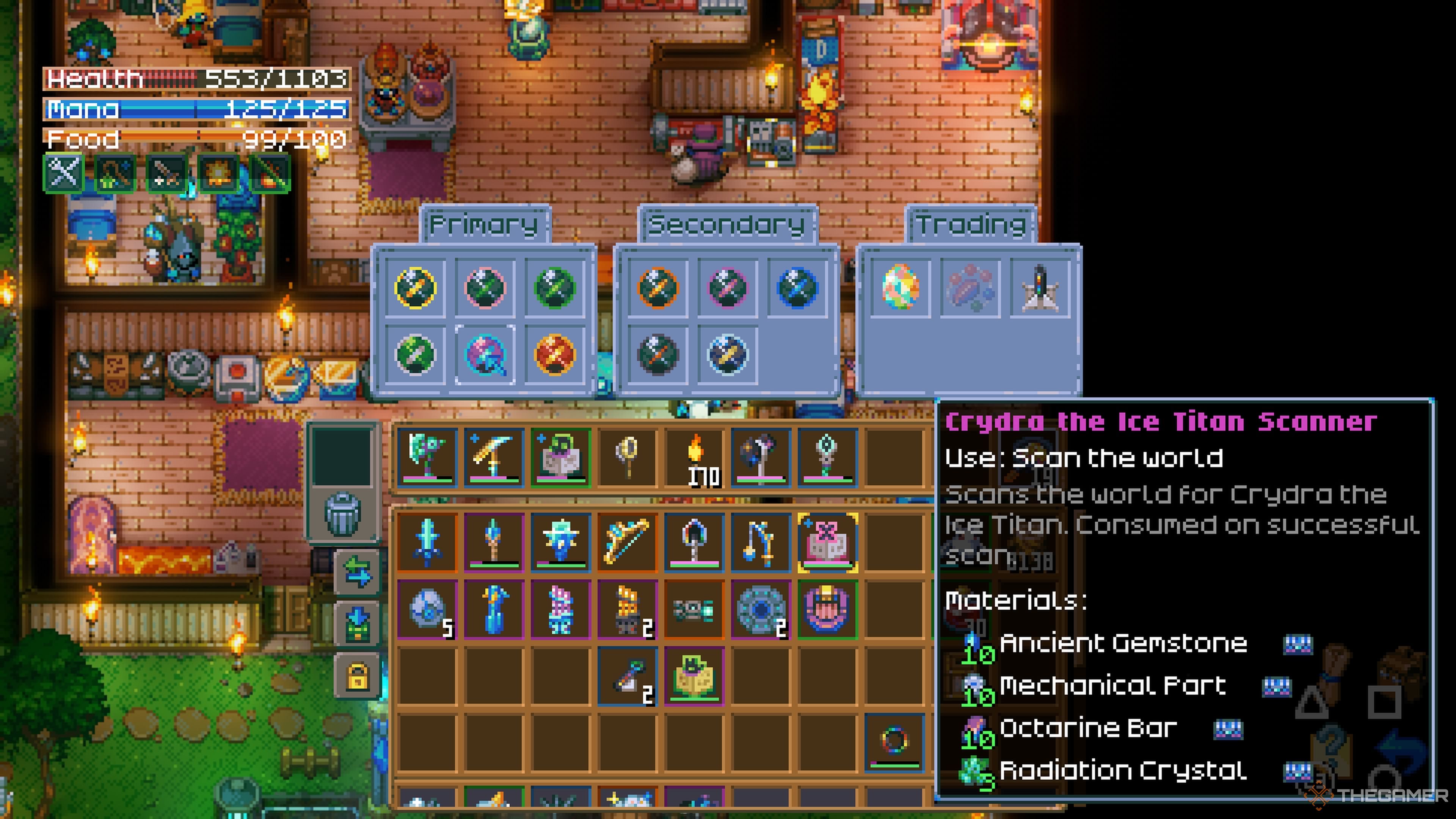 Player character using the Ancient Hologram Pod to craft the Crydra the Ice Titan Scanner in Core Keeper.