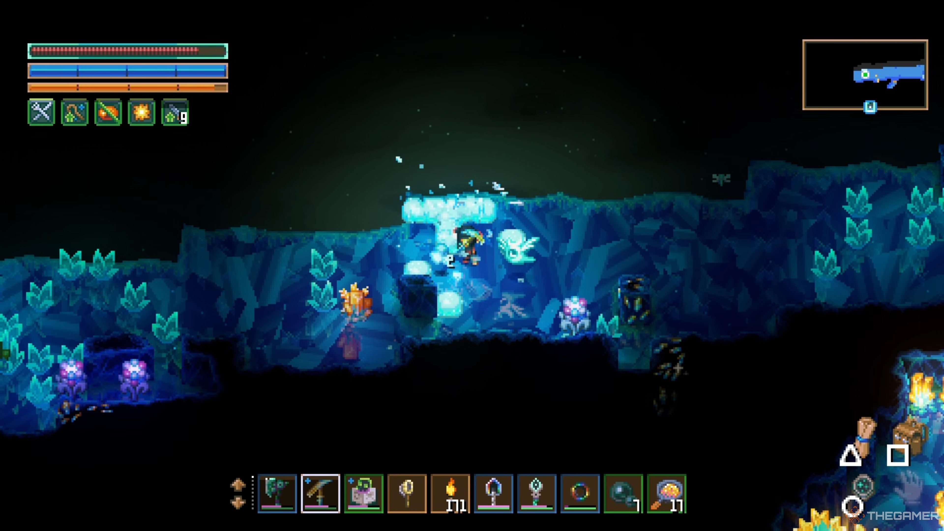 Player character using a Solarite Pickaxe to break and harvest Gleam Wood in Core Keeper.