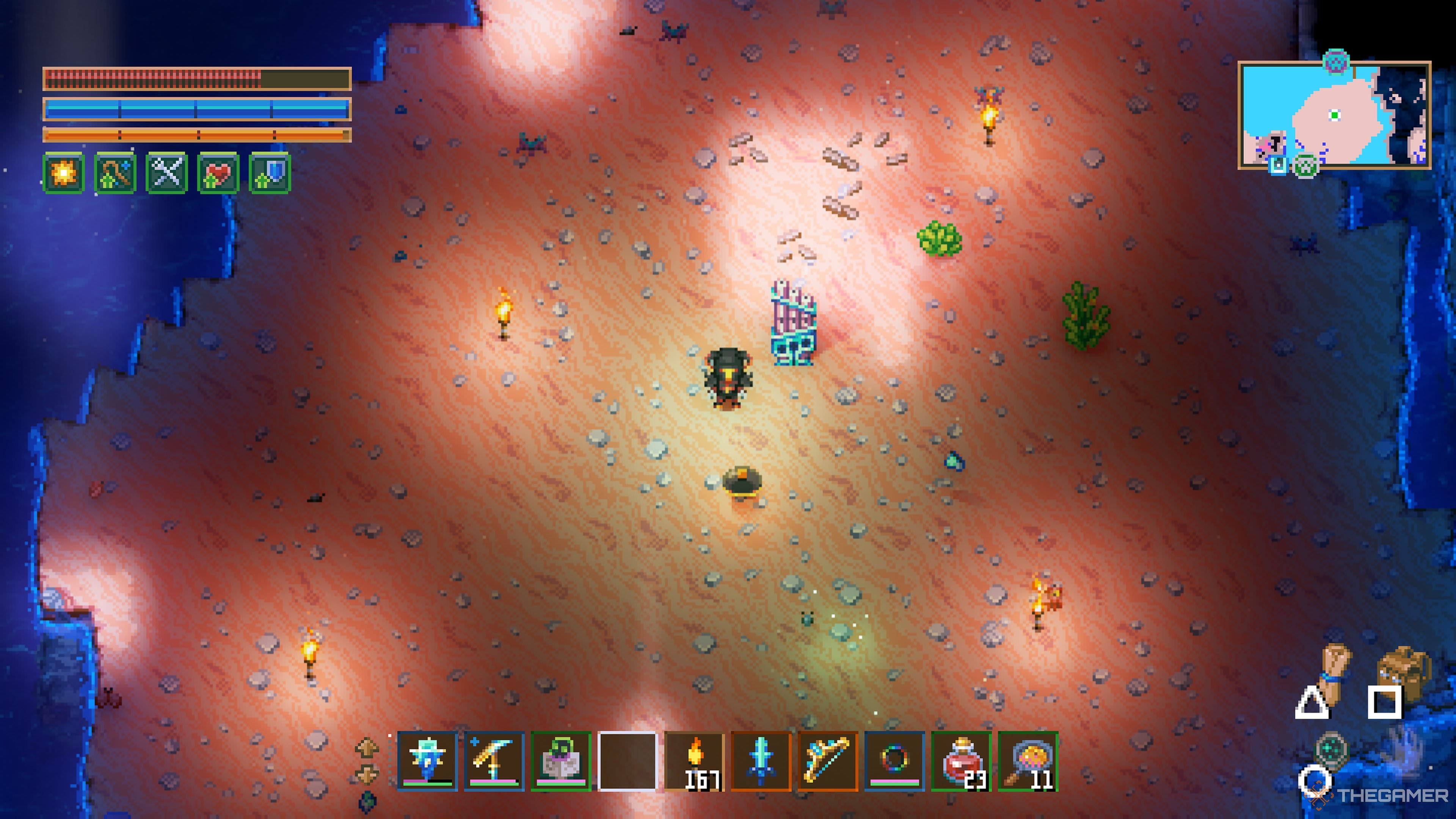 Player character standing next to a placed Wind Organ of Ice and waiting for Crydra in Core Keeper.