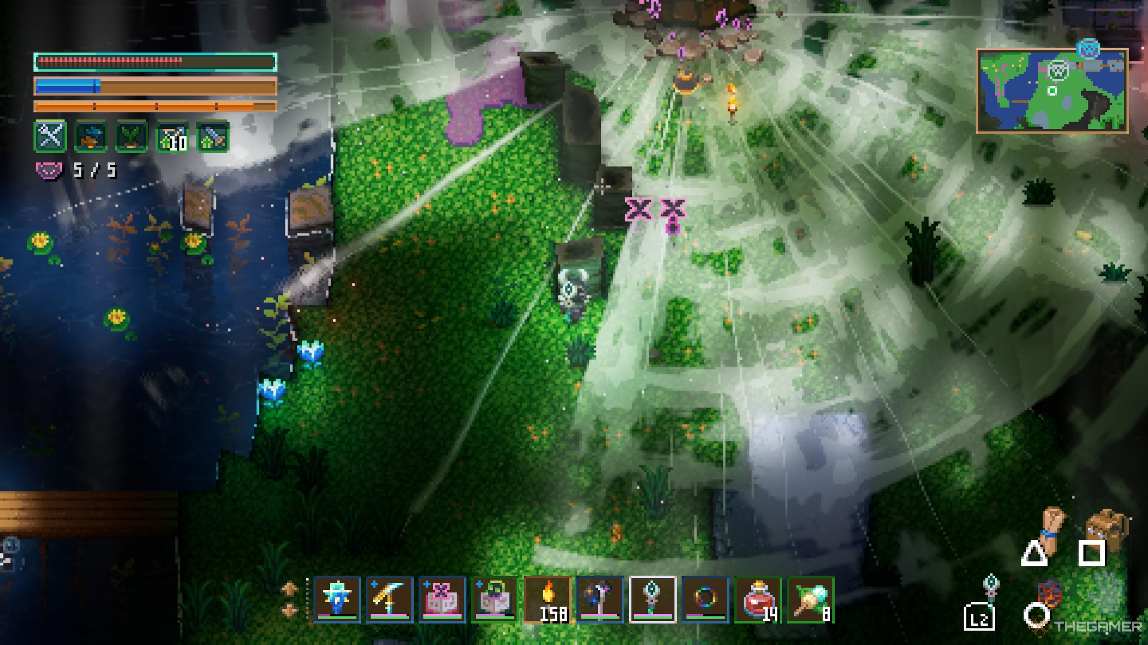 Player character hiding behind a fallen block to avoid Druidra's vacuum wave in Core Keeper.