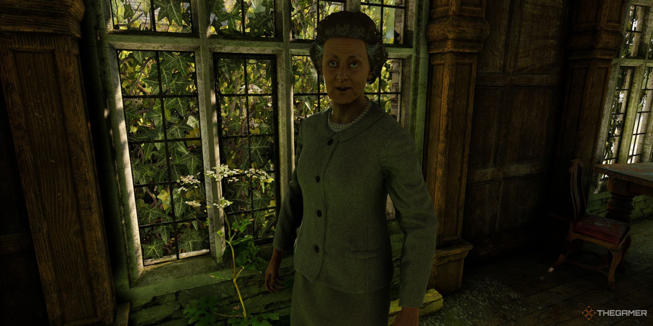 prudence rook stands by the window of datlow hall in atomfall.