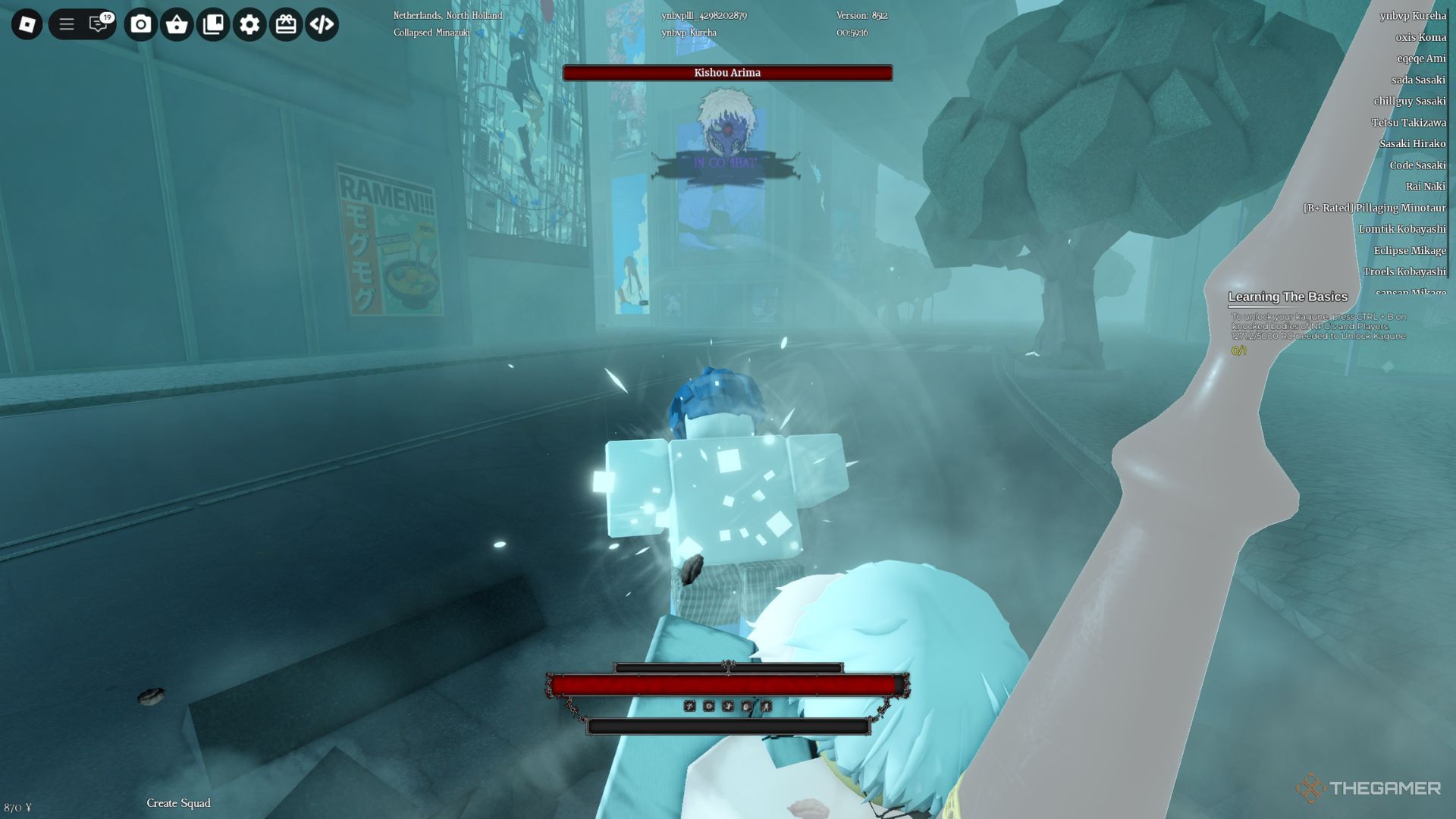 The player character is fighting against Arima Boss on the street in Ghoul Re.