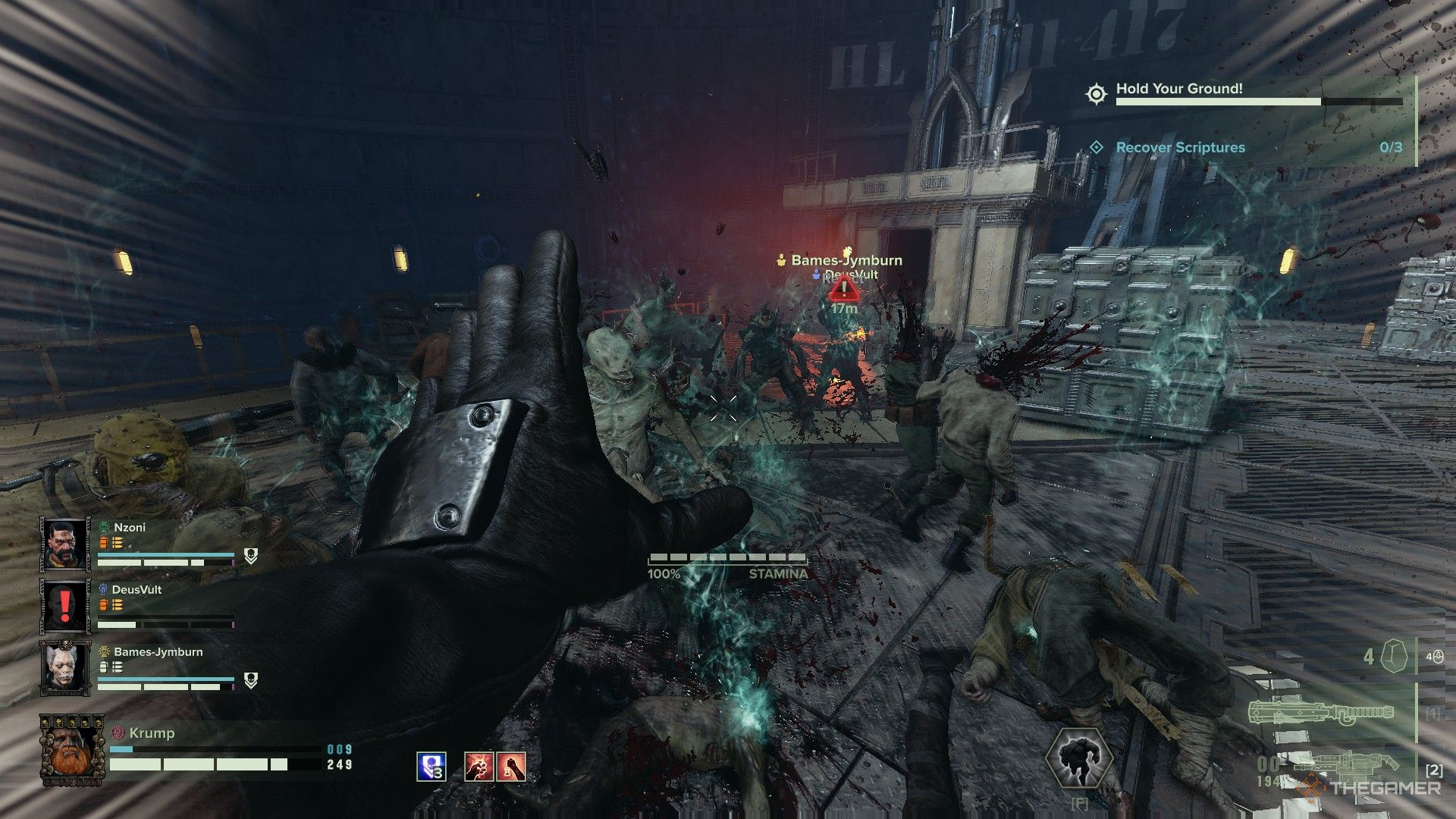 Warhammer 40,000: Darktide - Nurgler worshippers about to be steam rolled by an ogryn.