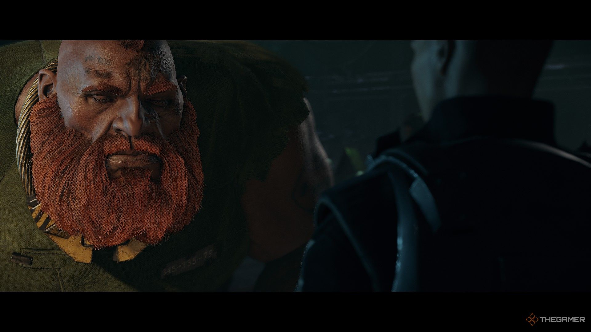 Warhammer 40,000: Darktide - The ogryn engaging in a cutscene.
