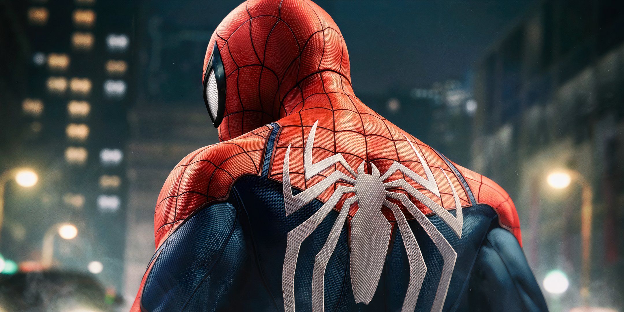 Spider Man with his back turned to the camera in New York City, 