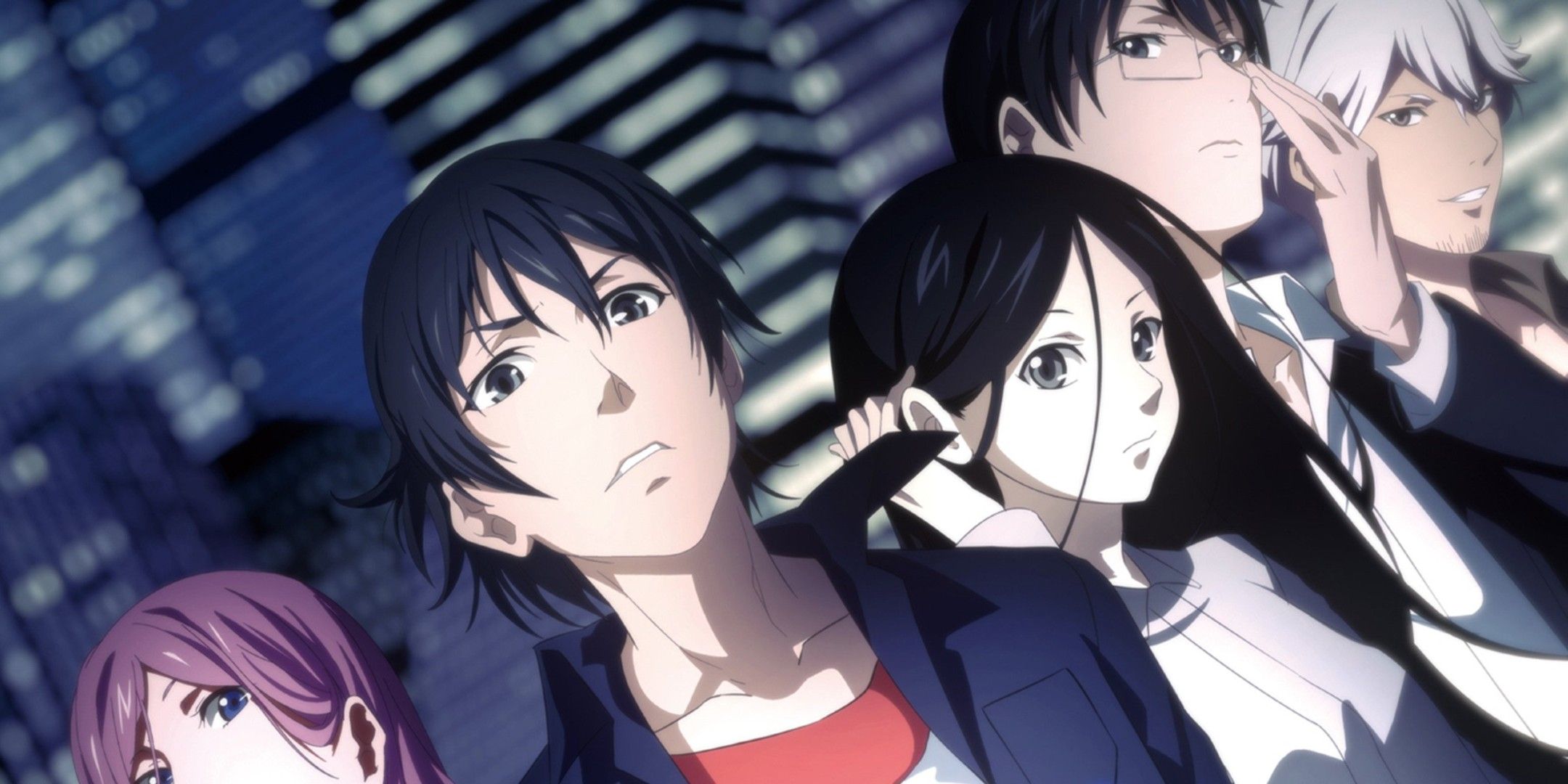 Characters from The Outcast at a crooked angle.