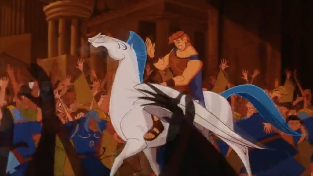 A still frame from Disney's Hercules showing the titular hero atop a winged stallion.