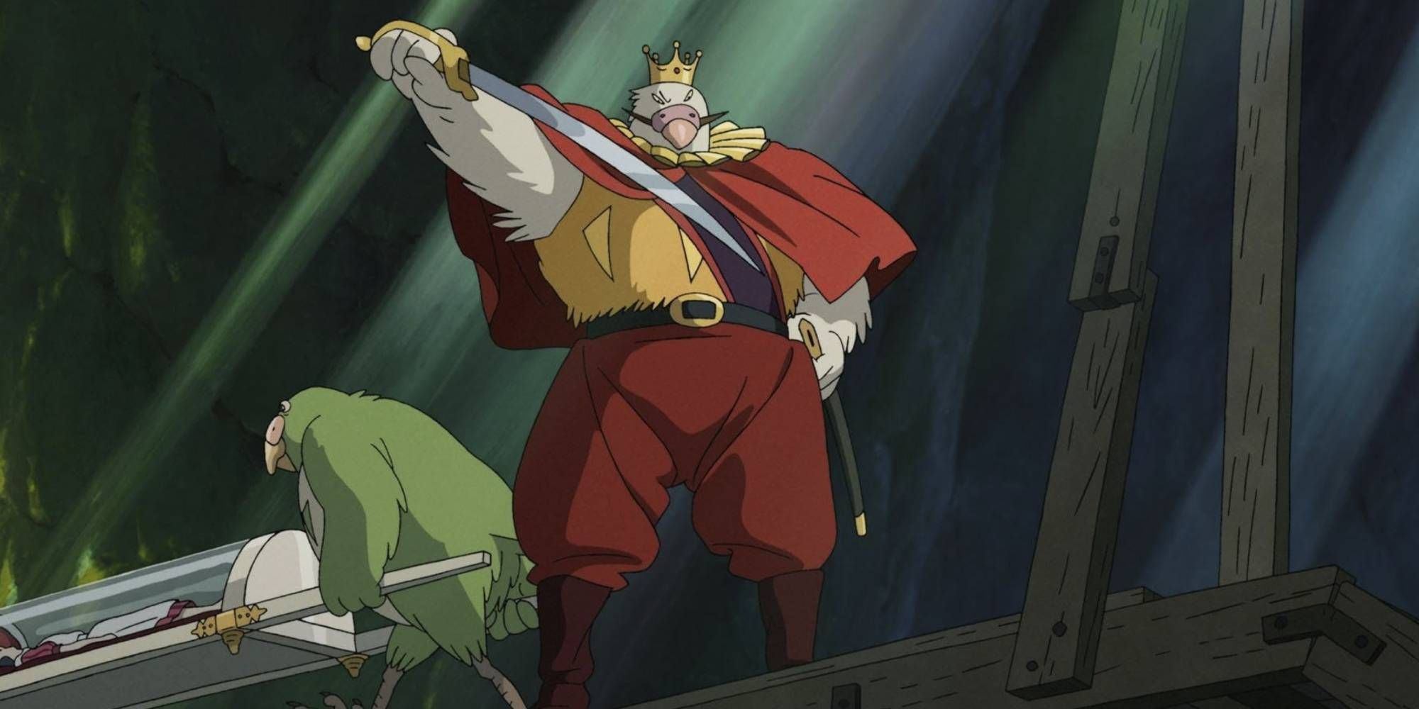 The Parakeet King pulls out his sword as his henchmen carry the trapped Hime behind him in The Boy And The Heron.