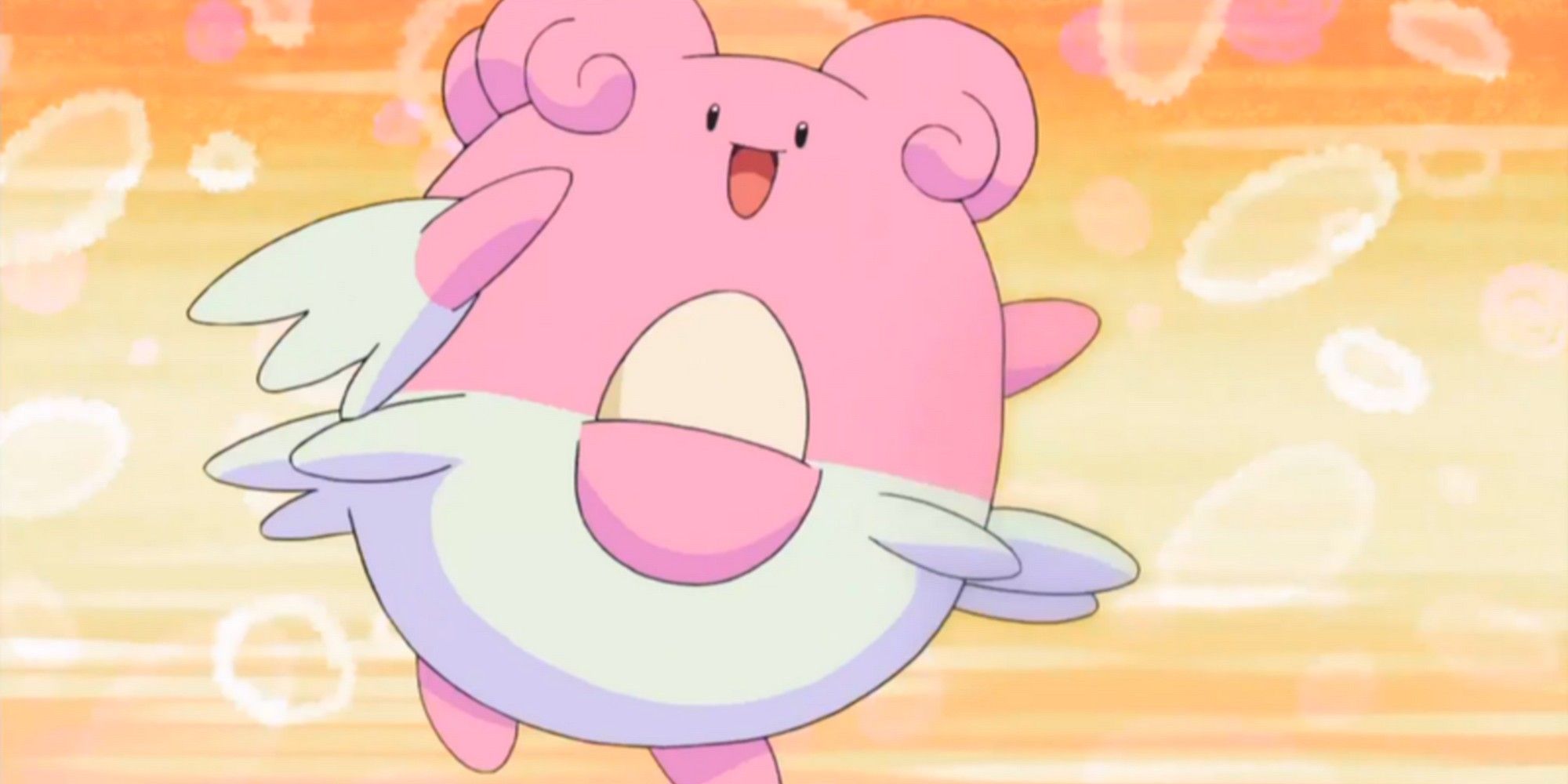 The Pokemon Blissey leaping with an egg in its pouch in the Pokemon anime.