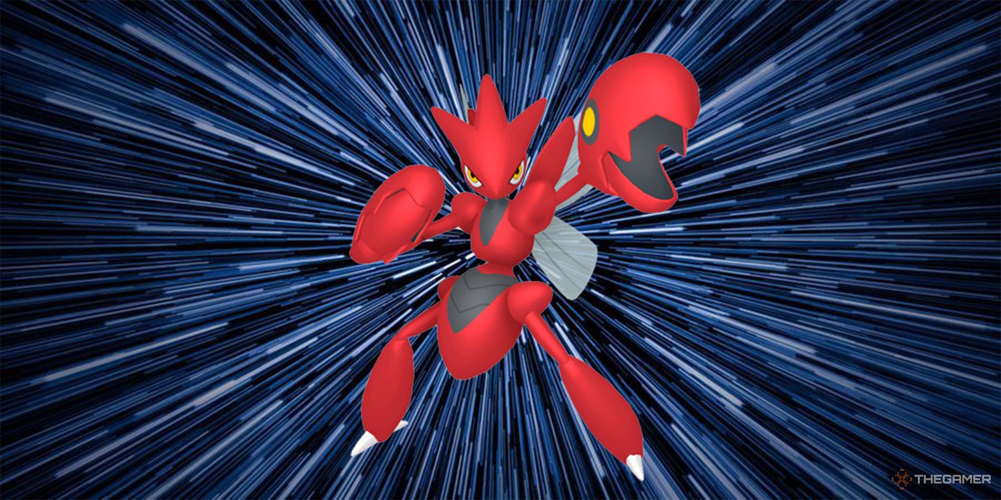 Scizor with a warp background.