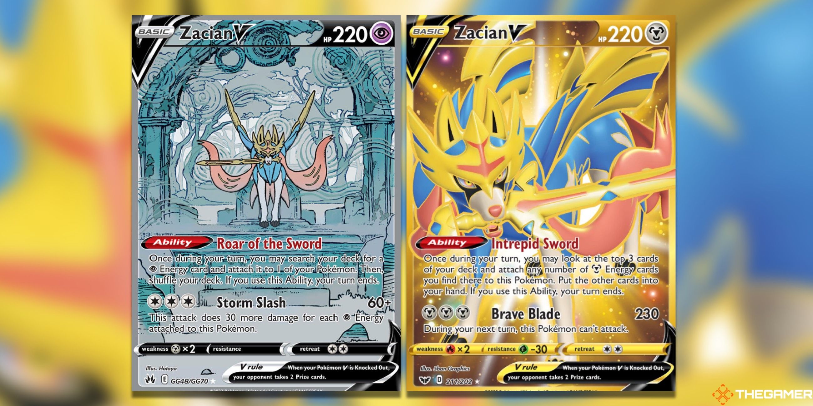 The Zacian V Galarian Gallery from Crown Zenith and Zacian V Secret Rare from the SwSh Base Set in the Pokemon TCG.