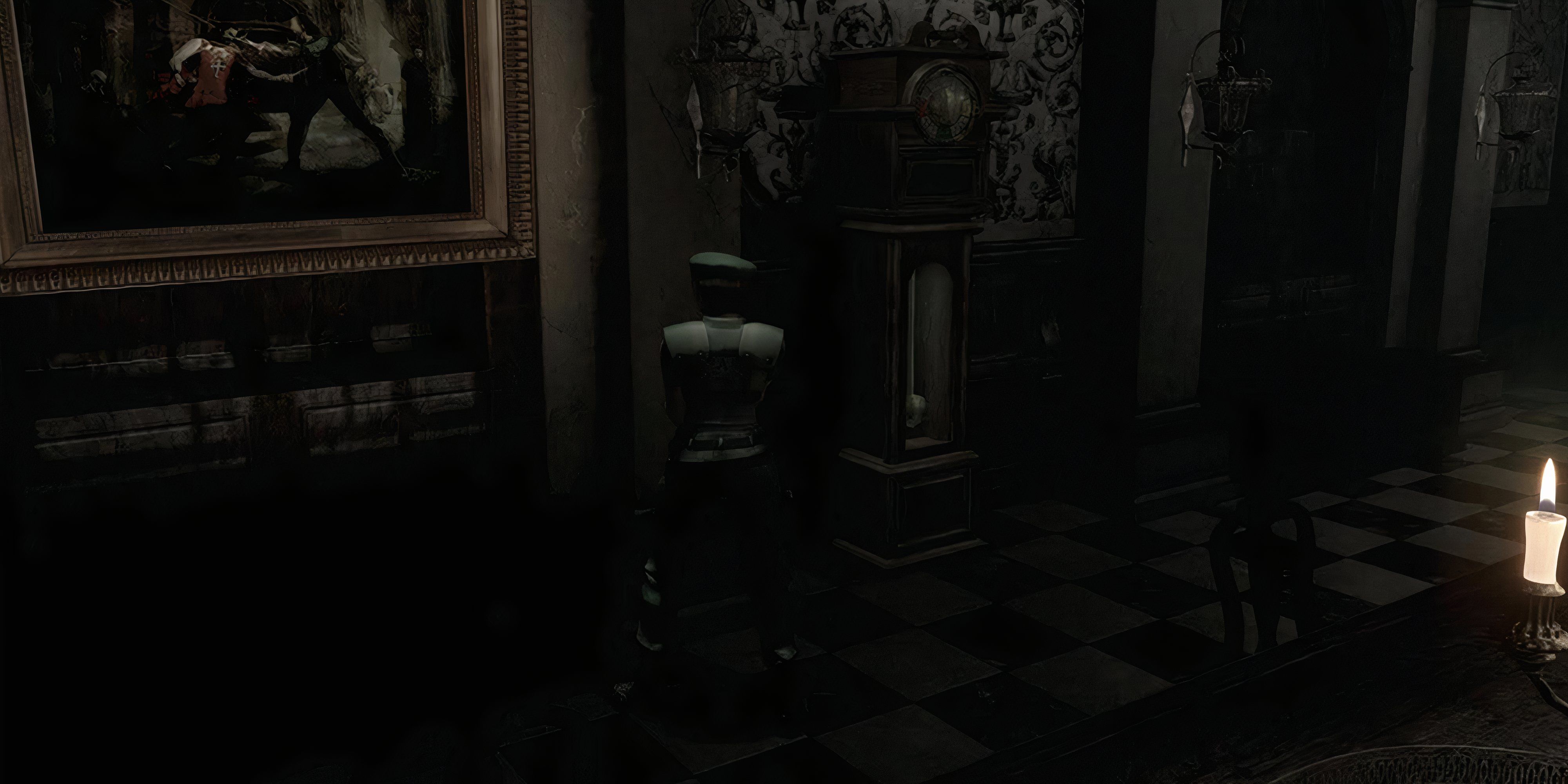 jill in front of a painting next to a grandfather clock