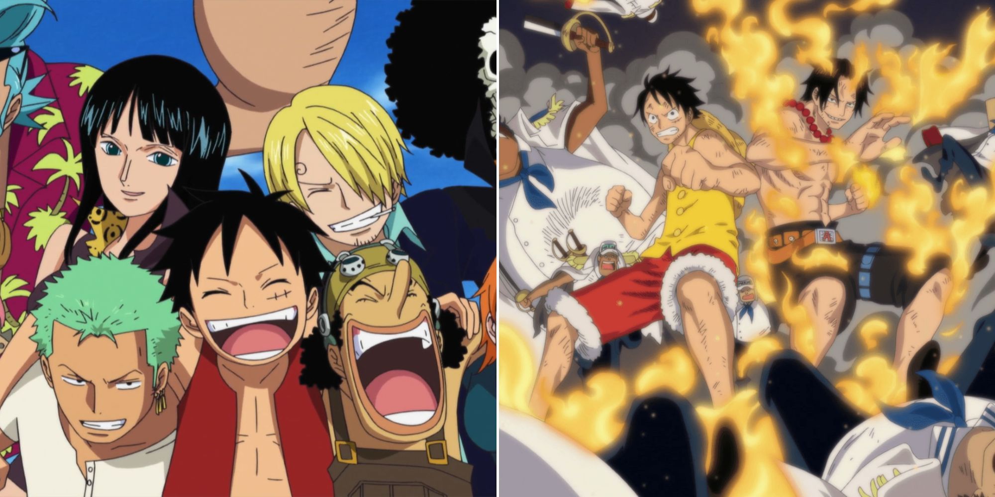 A collage of two of Monkey D. Luffy's most important relationships: The Straw Hat Pirates and his older brother, Portgas D. Ace