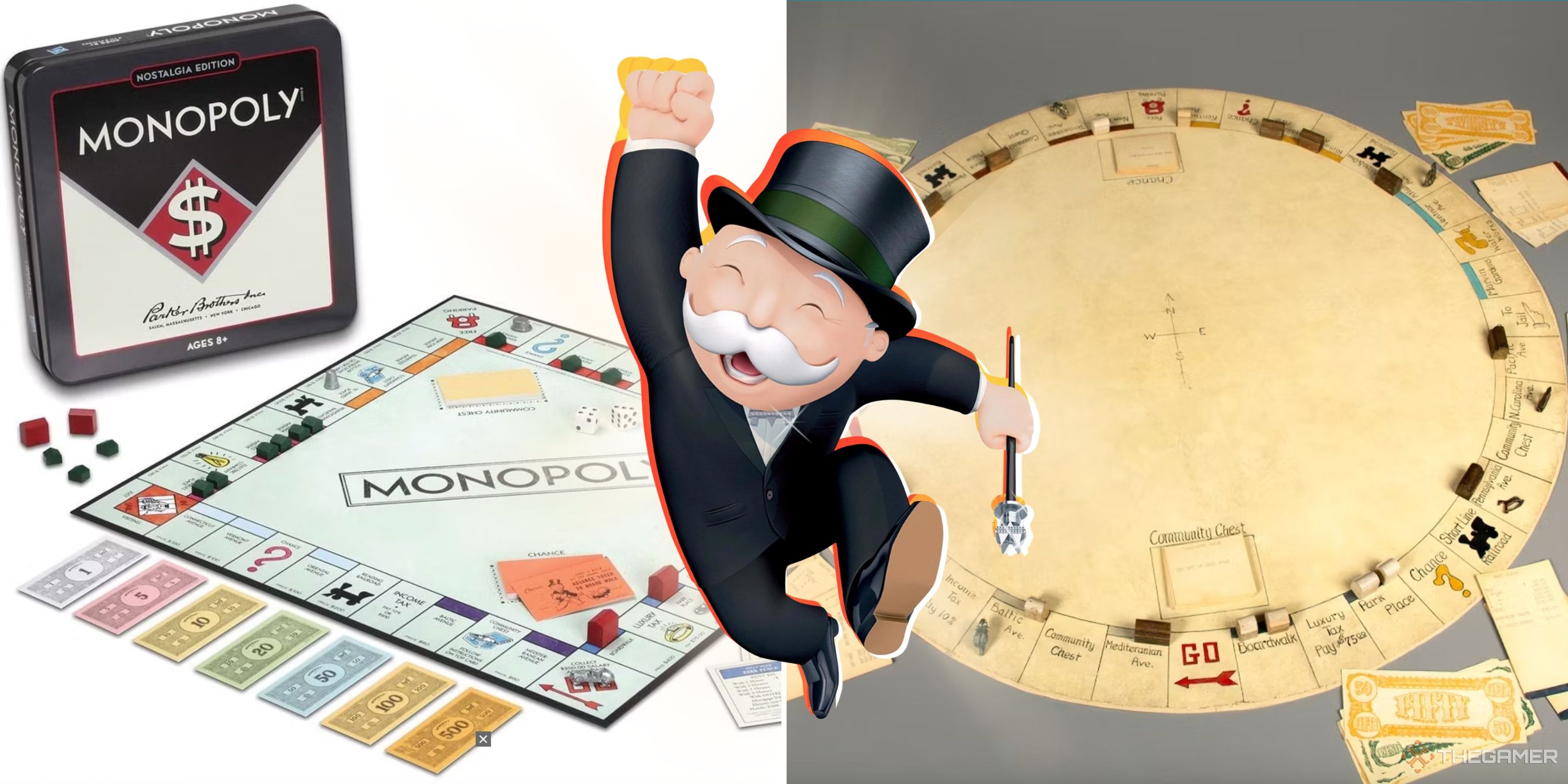 split image featuring the Monopoly 2001 Nostalgia Edition and The Original Hand-Made Darrow Game edition with monopoly man jumping in the cente4r