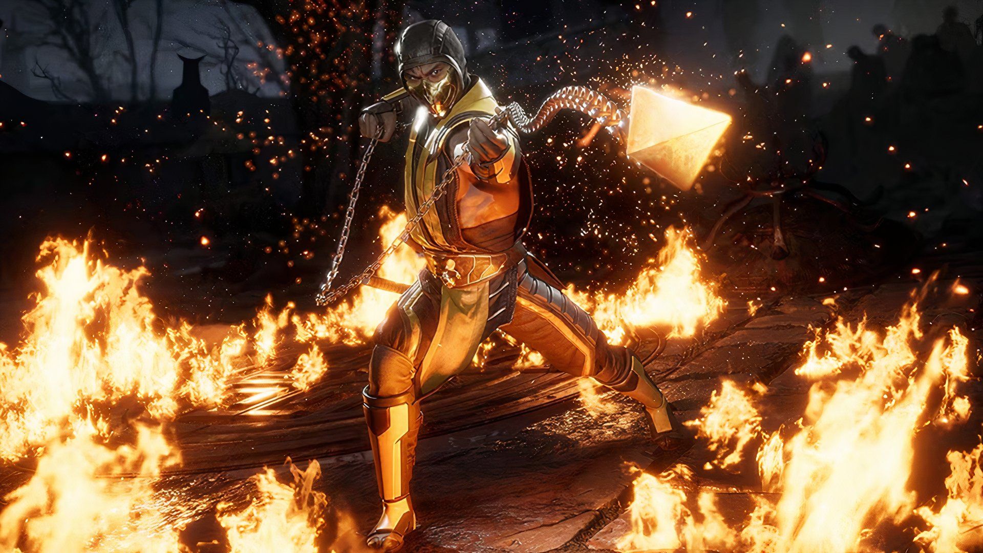 Scorpion throwing his signature spear in Mortal Kombat 11.