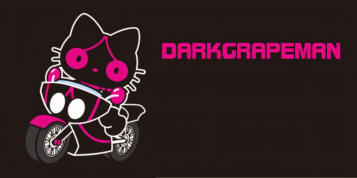 Official art of Darkgrapeman against a black backdrop. Text on the right says "DARKGRAPEMAN" in pink letters.