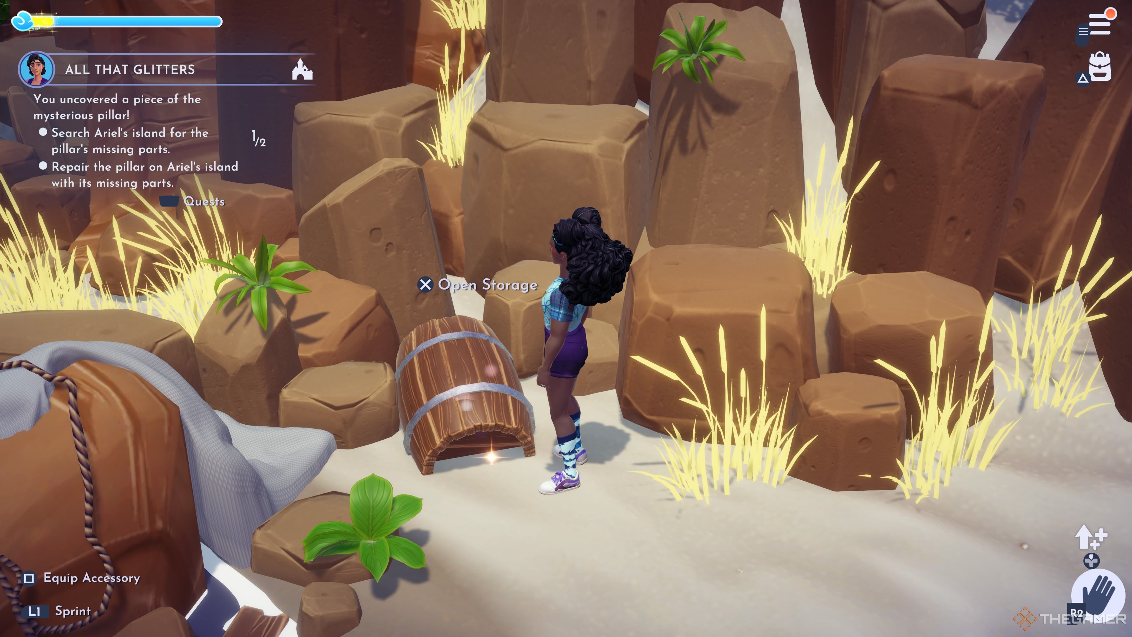 Player character standing next to a barrel on its side they can open on Ariel's island in Disney Dreamlight Valley.