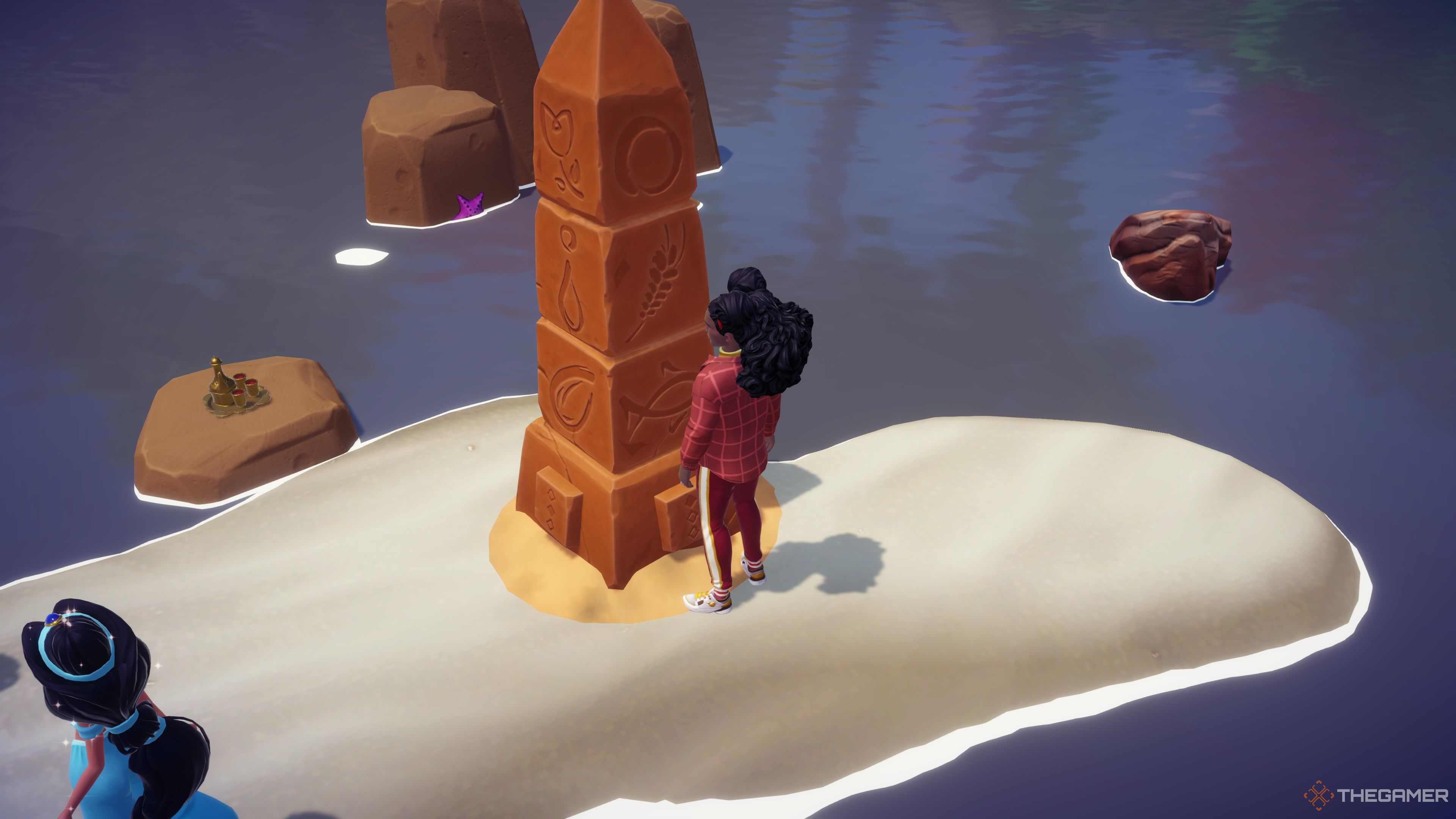 Player character moving pieces of a pillar around until it's on the correct combination in Disney Dreamlight Valley.