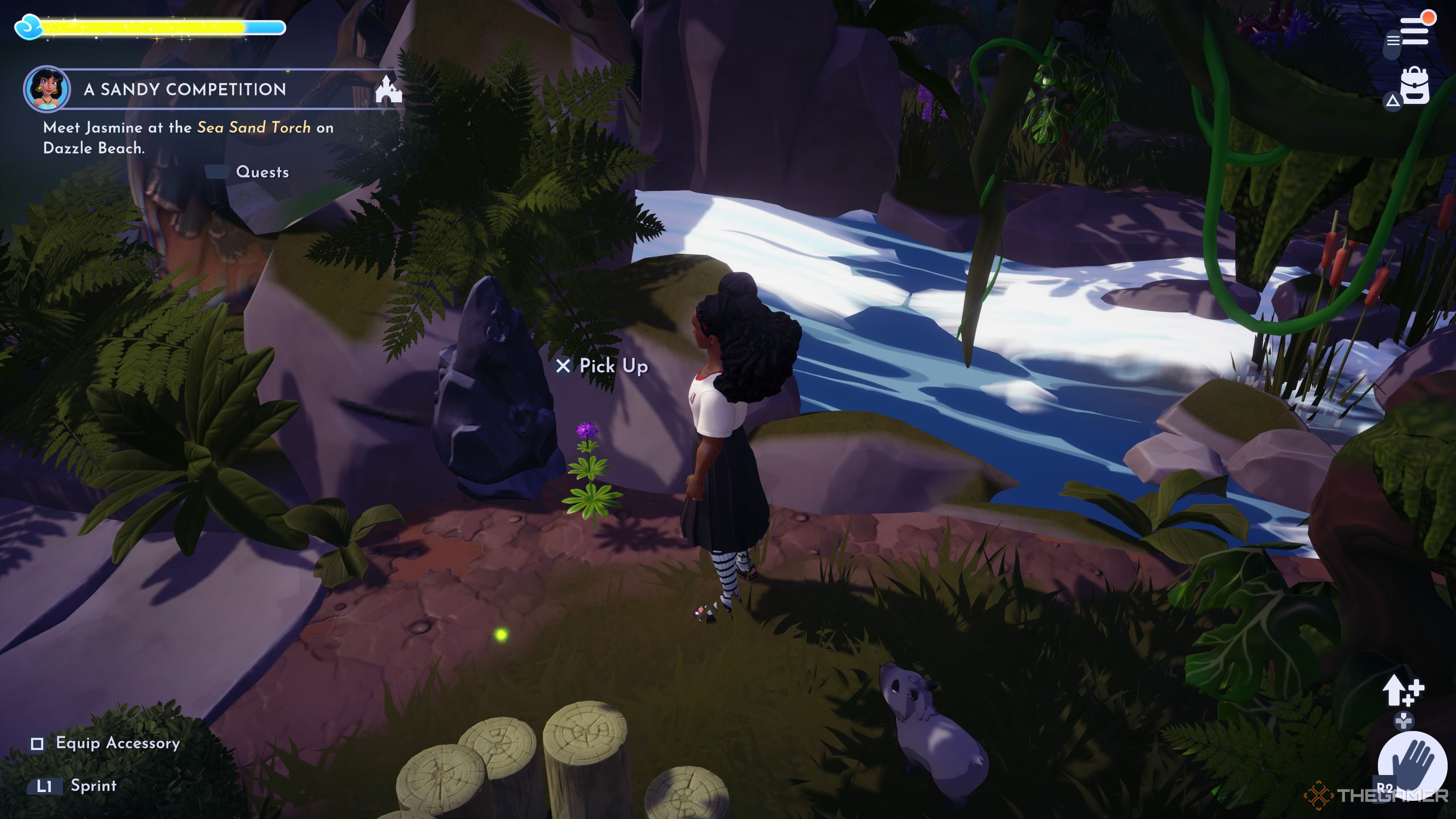 Player character standing next to a Purple Marsh Milkweed flower in the Glades of Trust in Disney Dreamlight Valley.