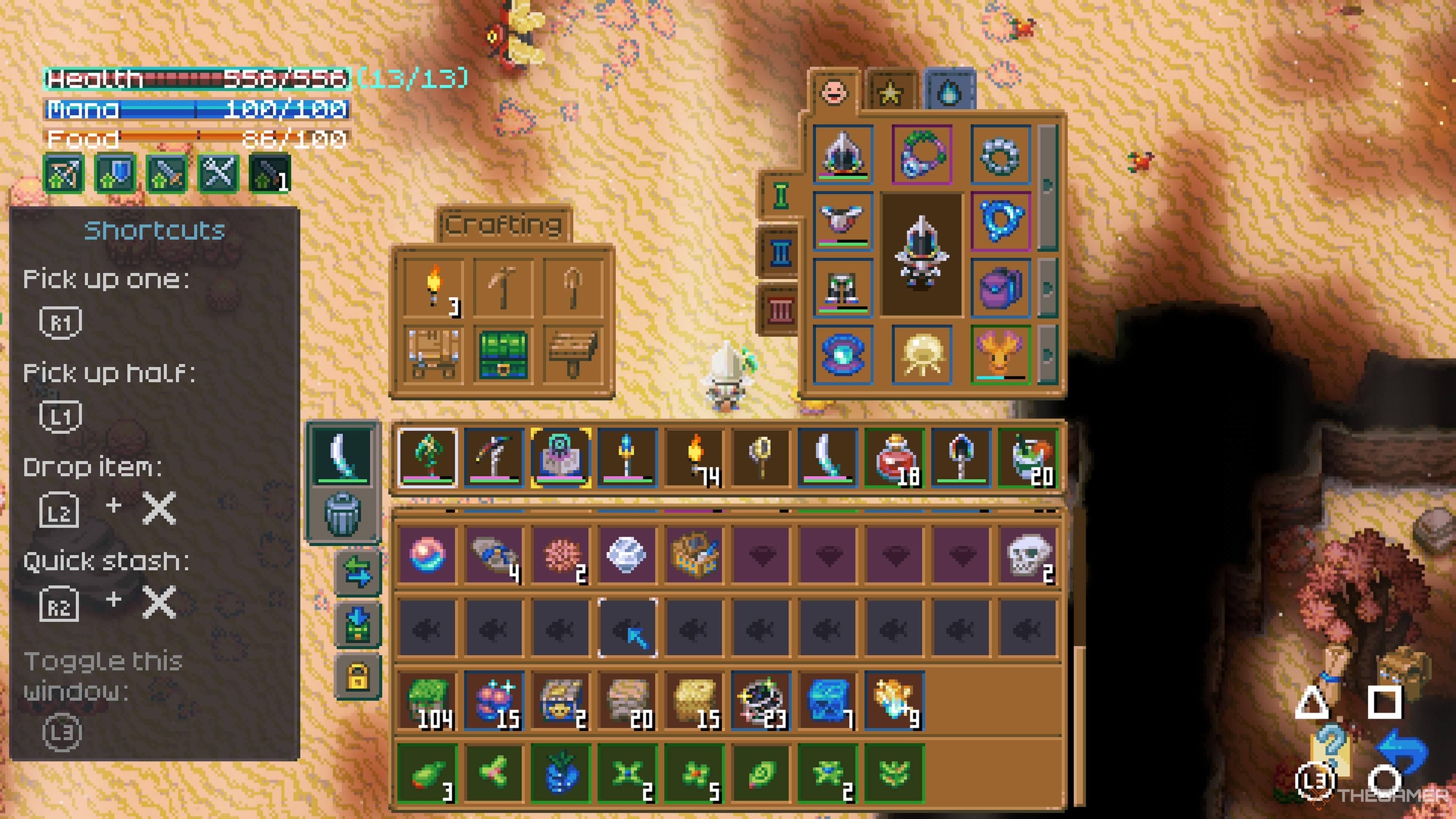 Player inventory showing four rows of Pouch inventory, each having different items in them, in Core Keeper.