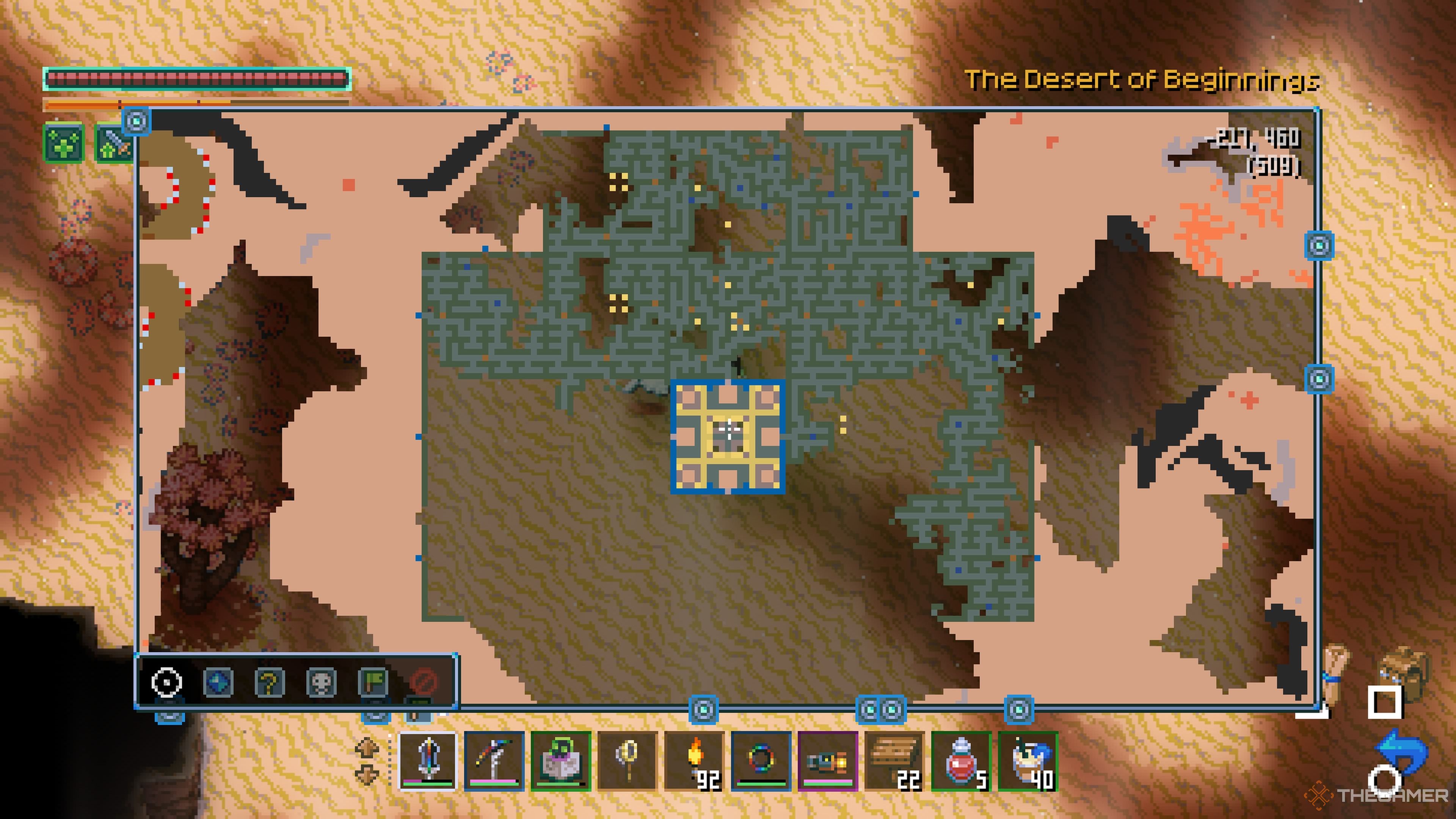 Close up view of a Maze Dungeon showing it partially explored and a Royal Grave in the center in Core Keeper. 