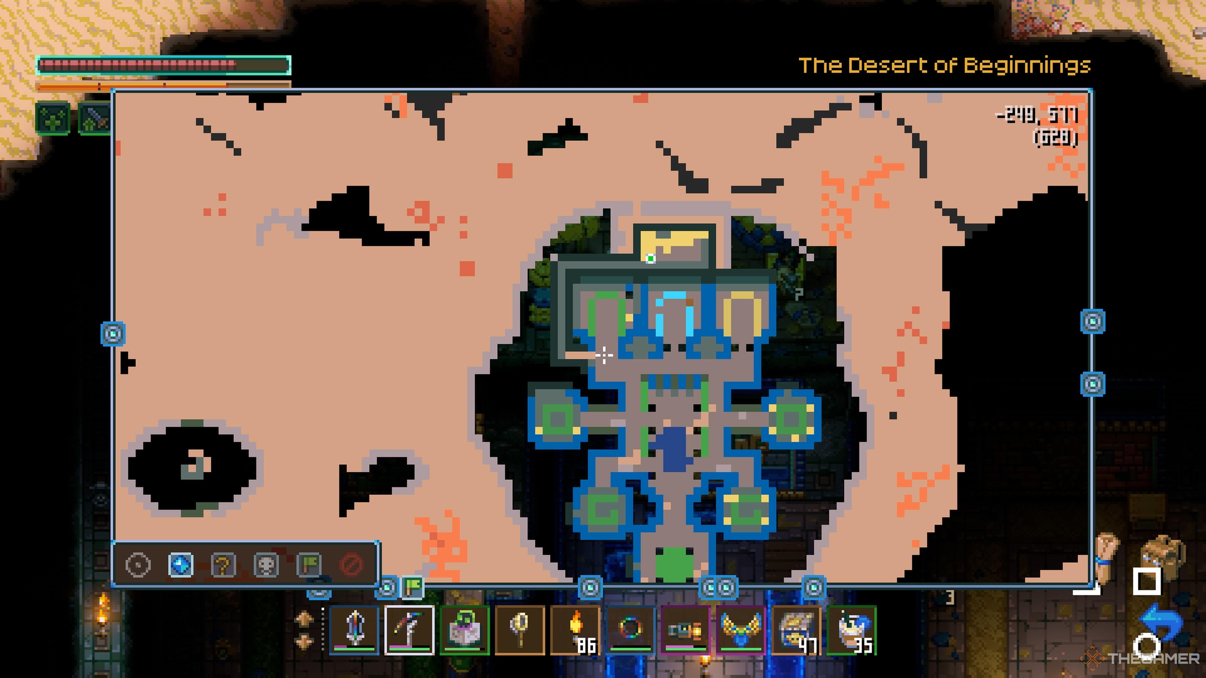 Close up view of the Titan Temple map showing a tunnel leading to a hidden room in Core Keeper.