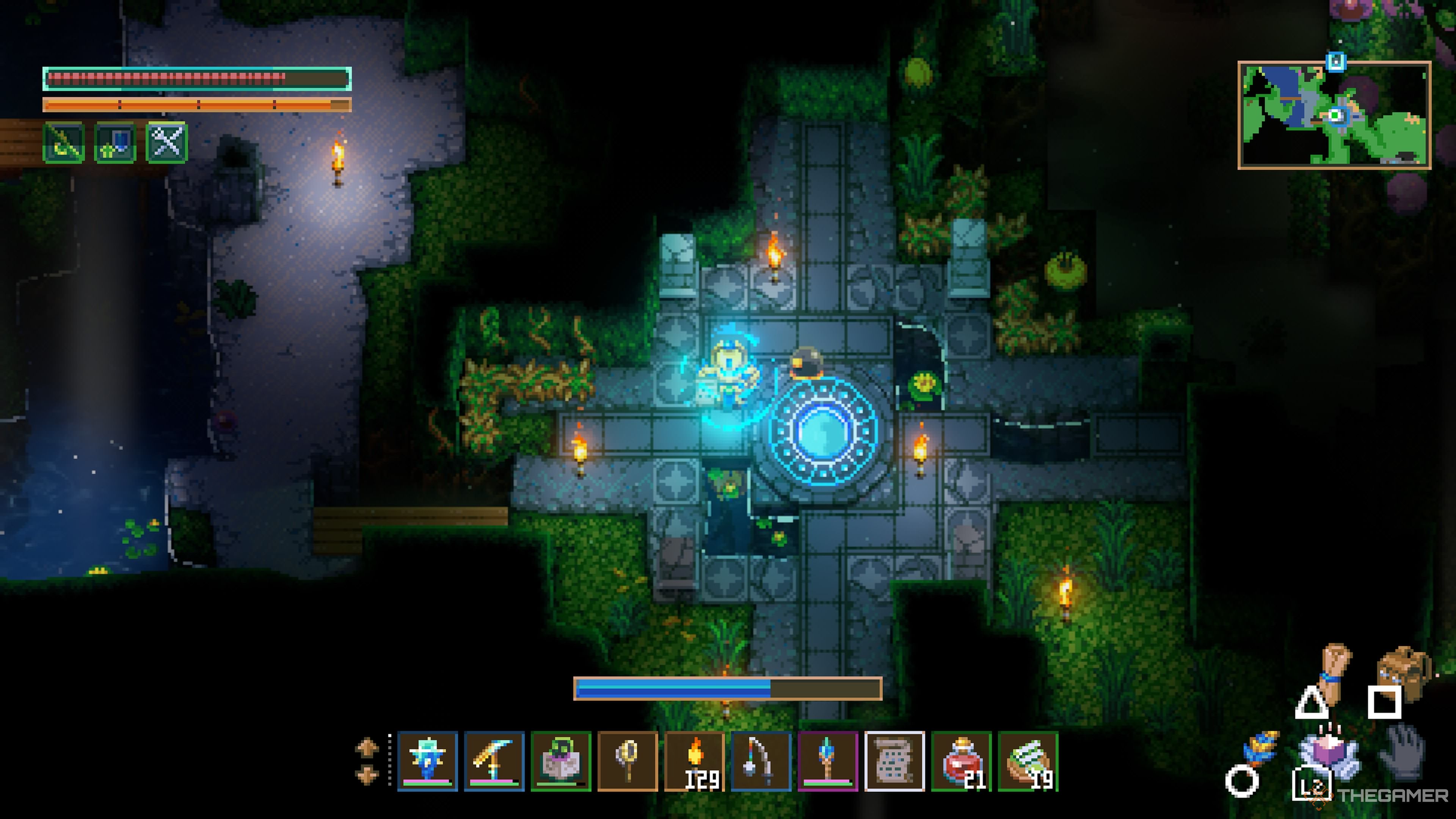 Player character crafting Rune Song near a Waypoint with a progress bar on their screen in Core Keeper.