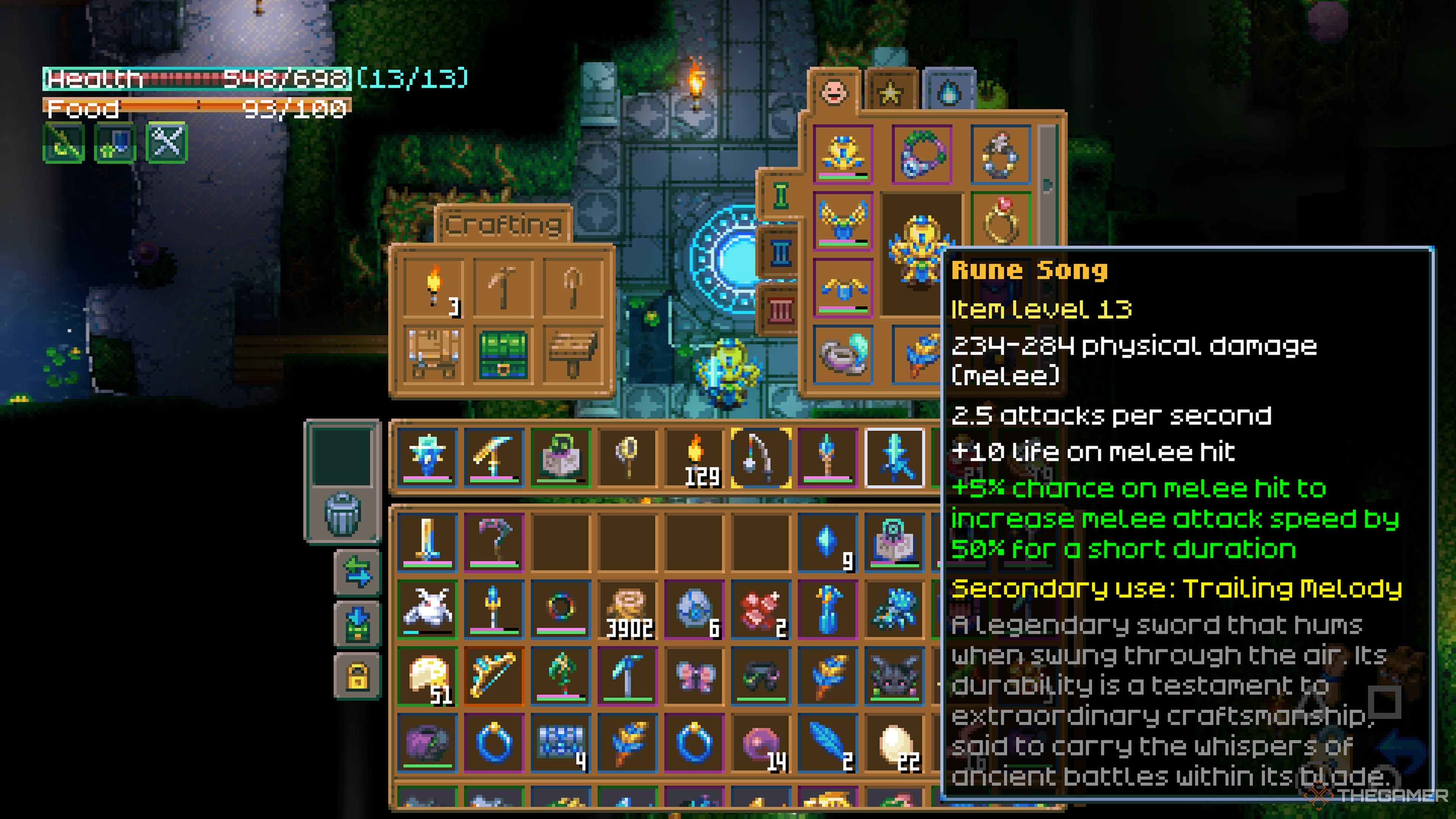 Player character displaying a pop up with the Rune Song's stats and skills on it in Core Keeper.