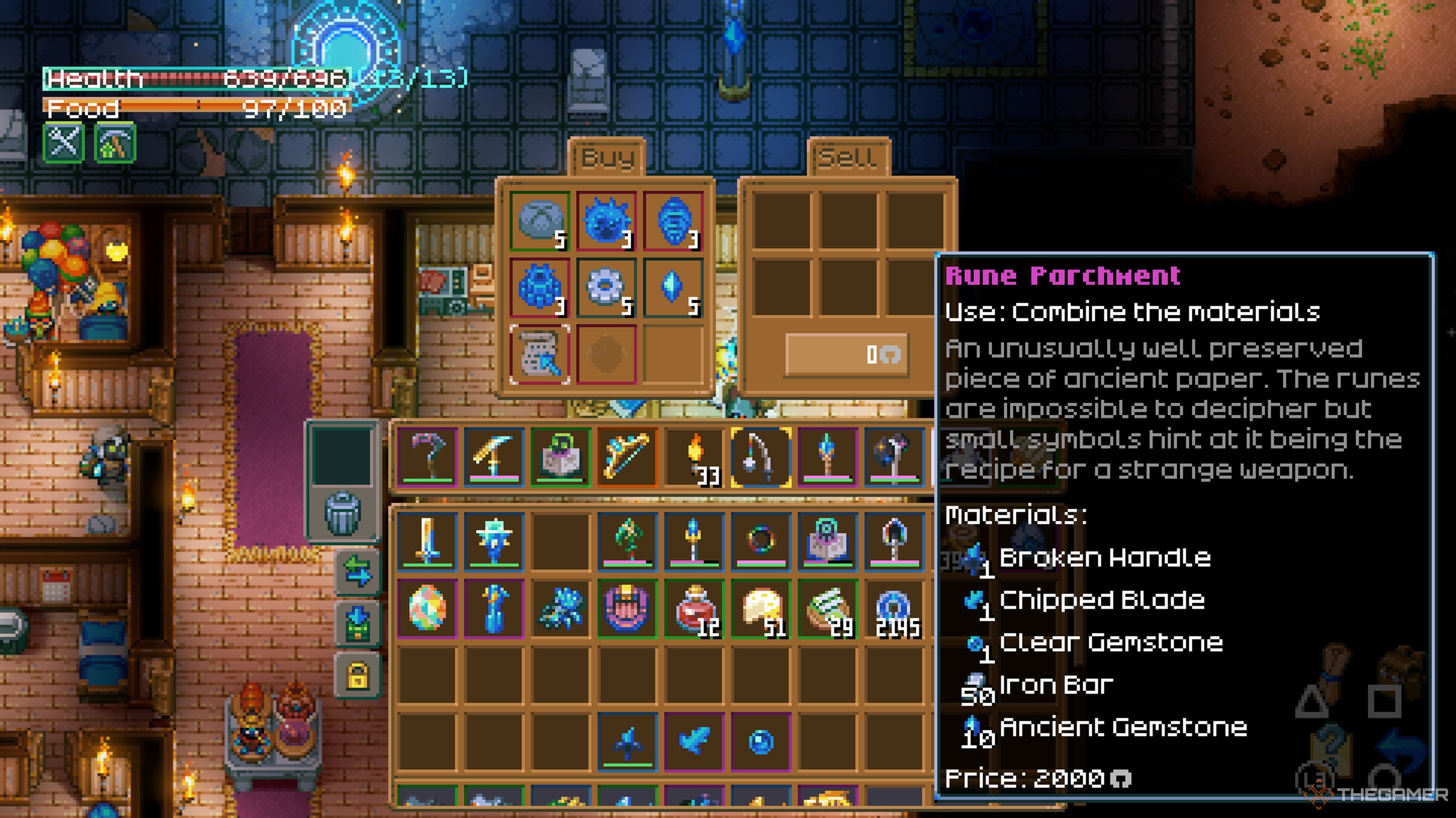 Player character buying a Rune Parchment from the Cloaked Merchant for 2000 Ancient Coins in Core Keeper.