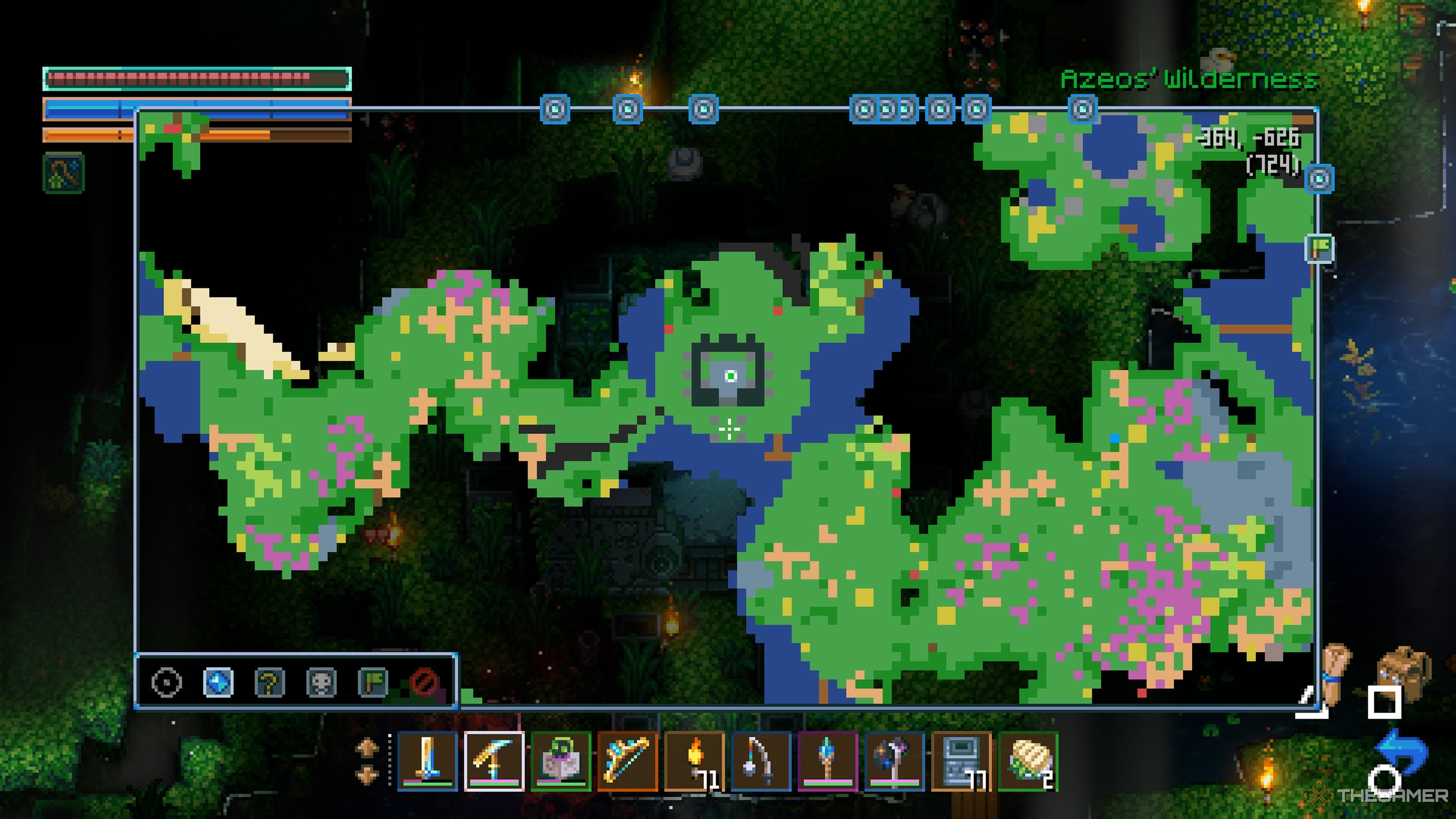Close up view of a Chipped Blade Temple on the end of an island in Azeos Wilderness in Core Keeper.