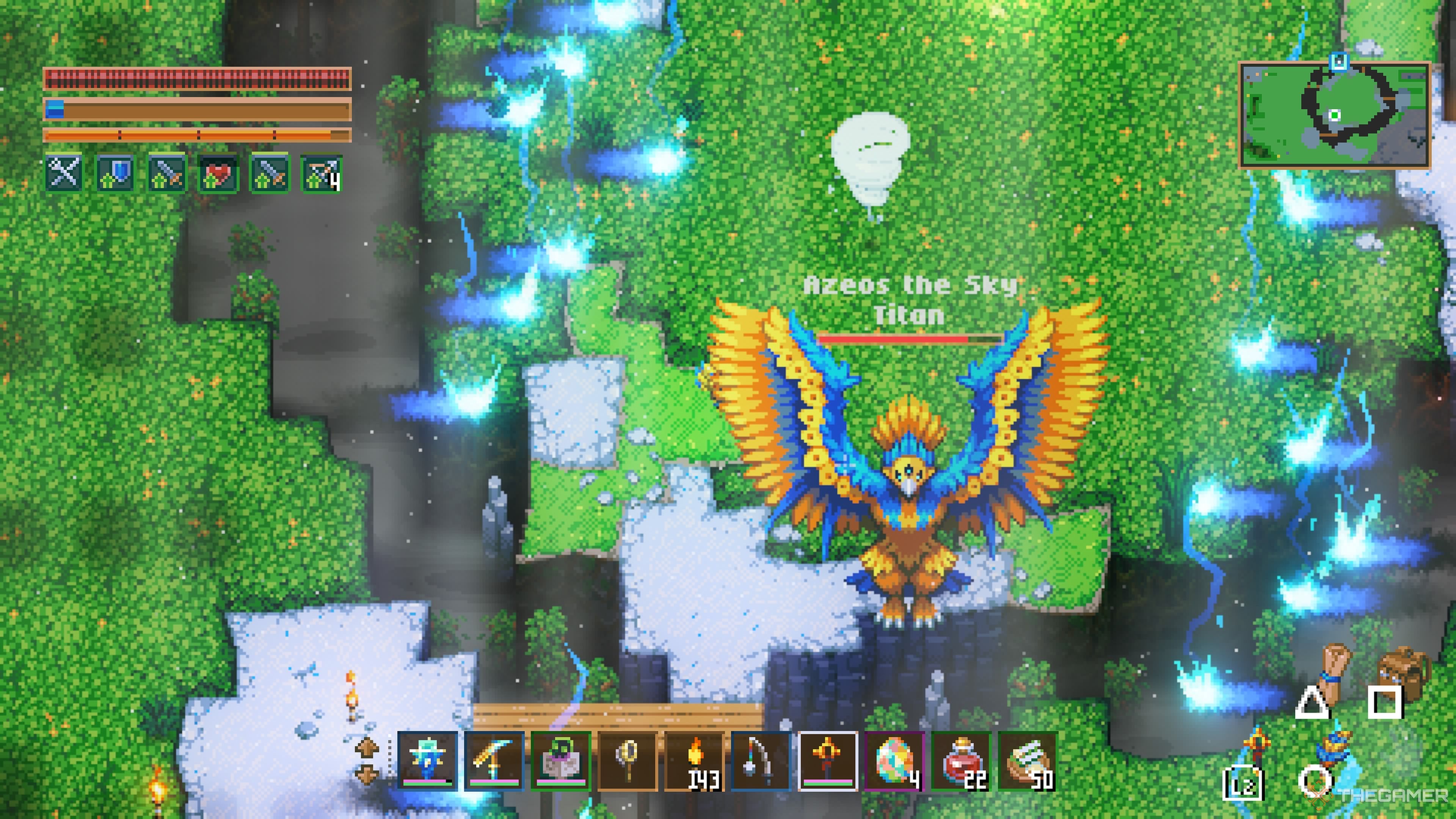 Player character refighting Azeos the Sky Titan as it summons lightning strikes in Core Keeper.