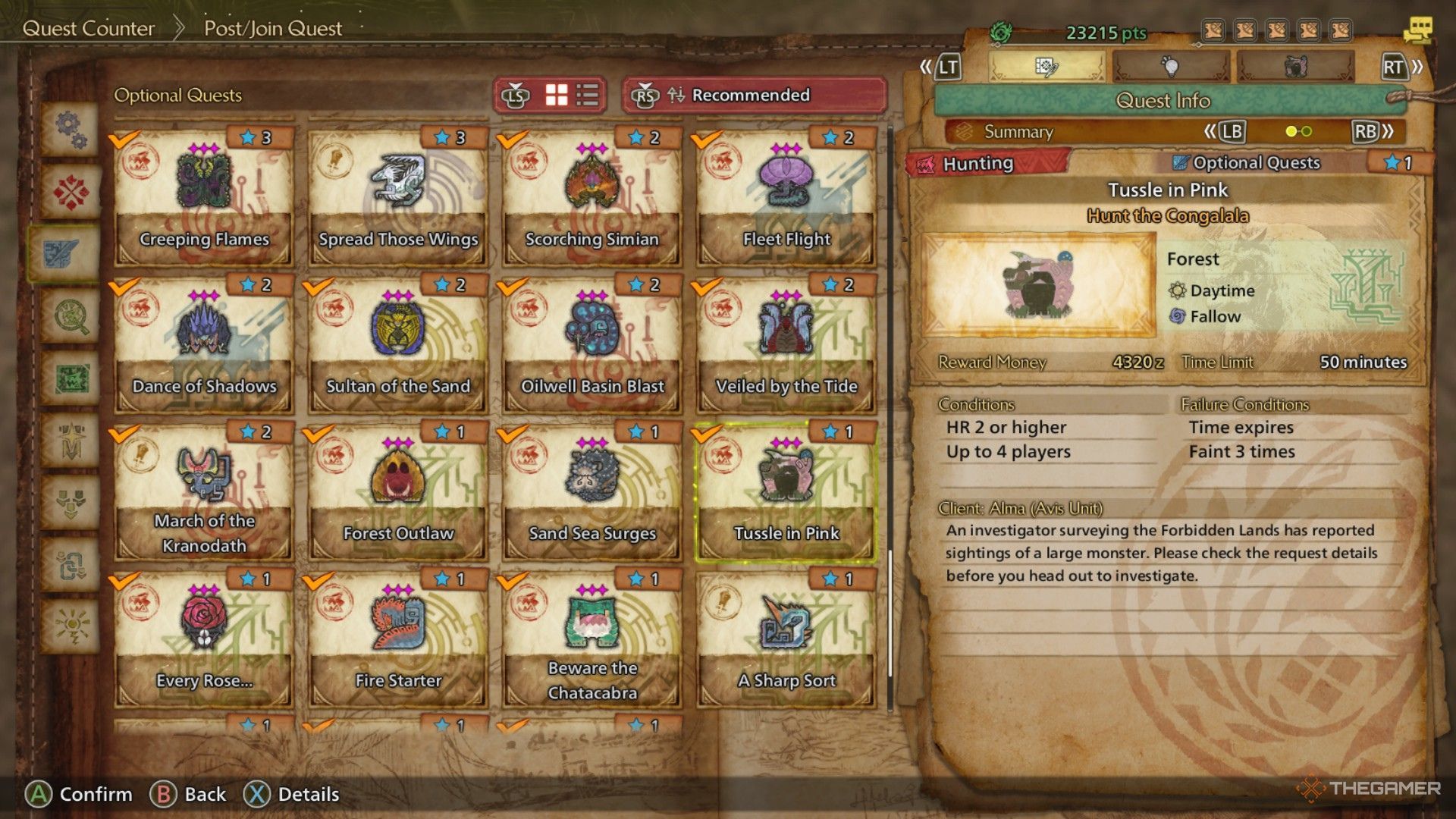 The image shows the Tussle in Pink optional quest in Monster Hunter Wilds.