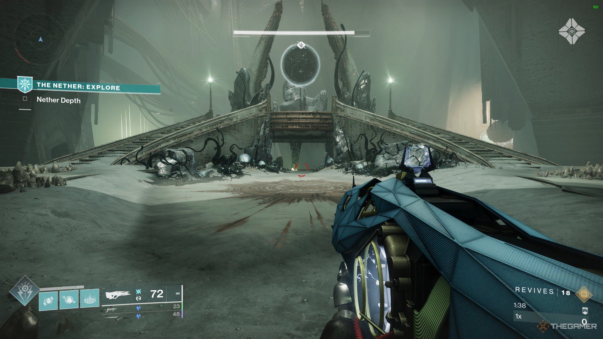 Guardian looking at the central area in the Hall of Souls where Vorok can be summoned.