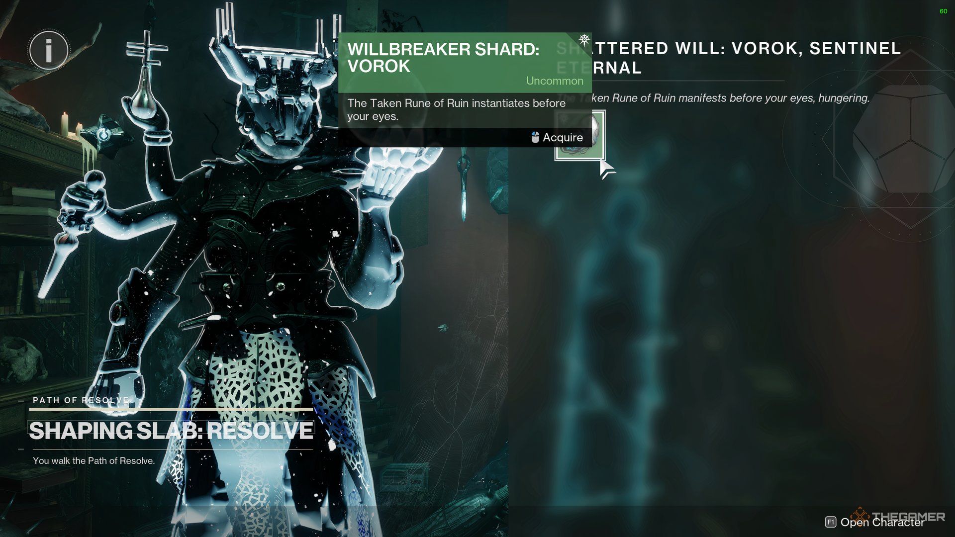Guardian acquiring the Willbreaker Shard: Vorok from the Shaping Slab after defeating Vorok, Sentinel Eternal in Destiny 2: Heresy Act-2.