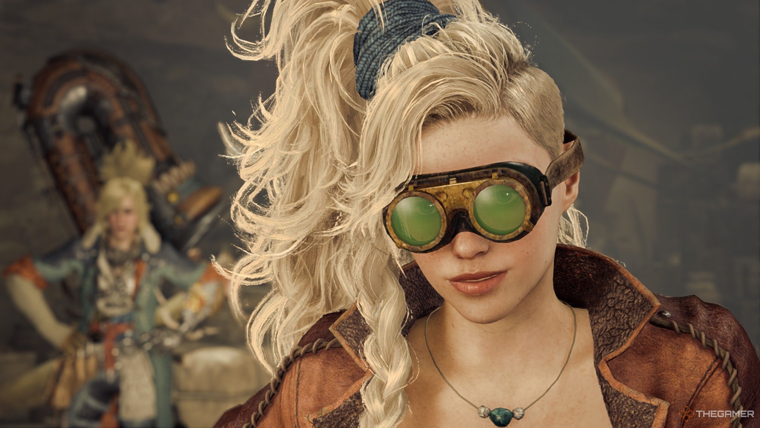 Gemma wearing her goggles in monster hunter wilds.