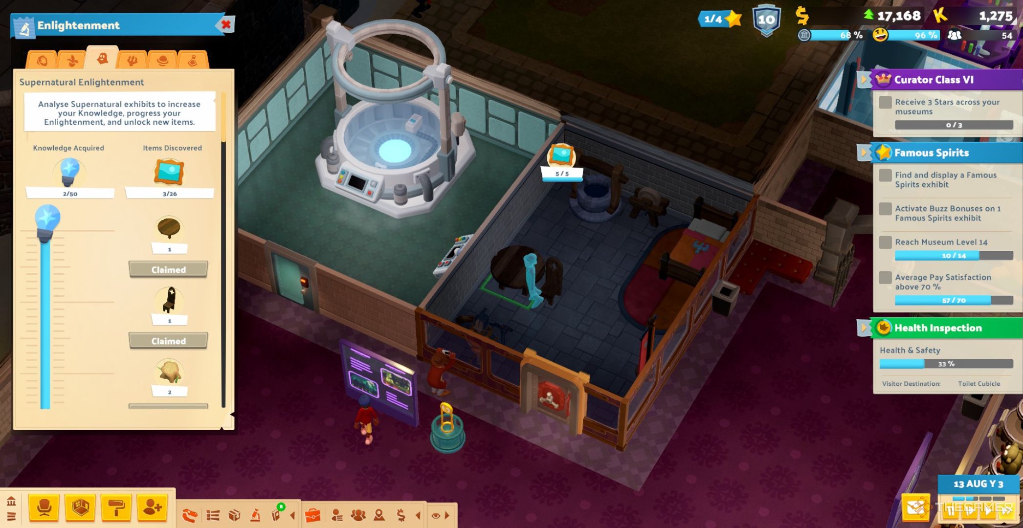 Player character putting a newly unlocked Olden Table in a Polterguest room in Two Point Museum.